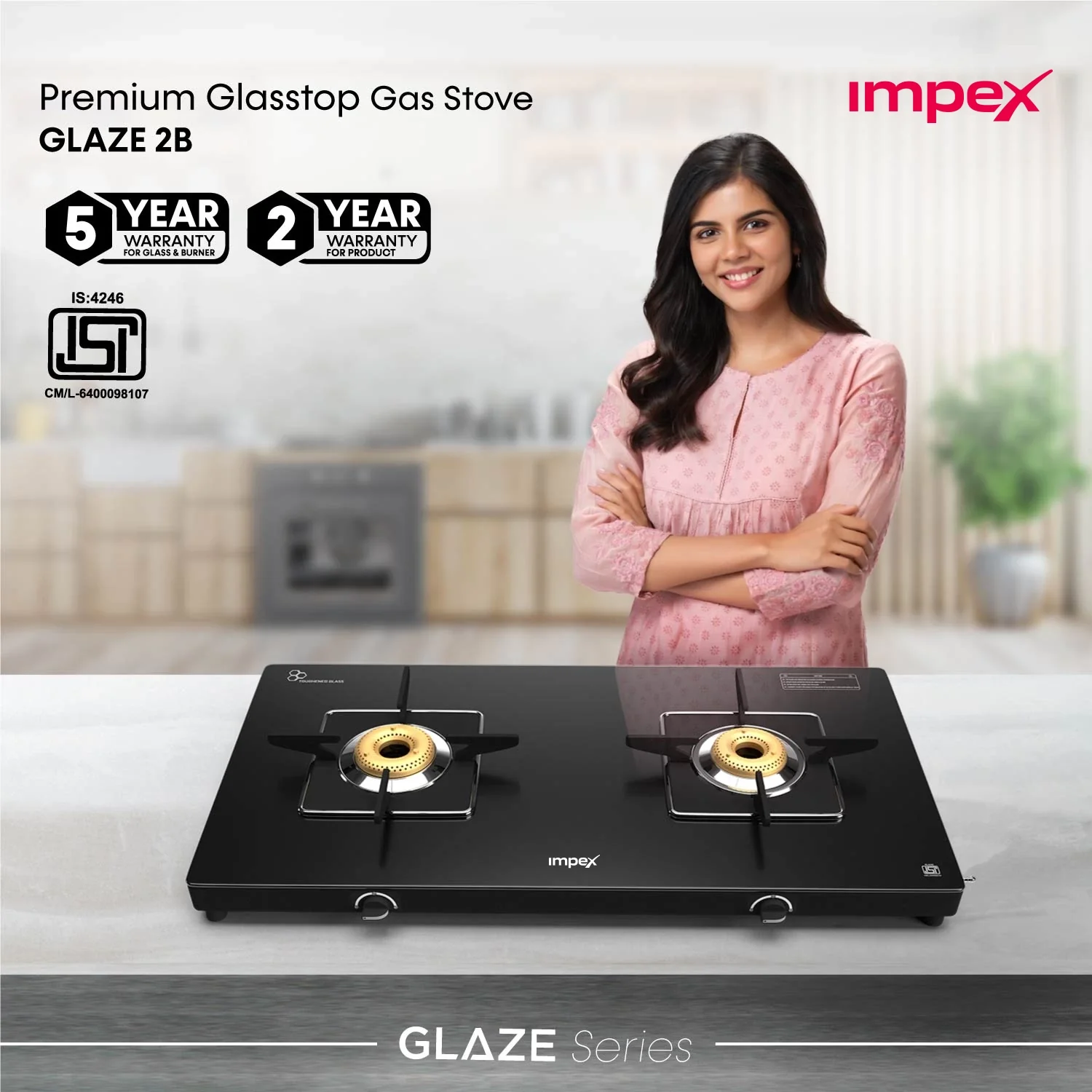2 Burner Glasstop Gas Stove (Glaze 3B) | Easy Clean | Powder Coated | Rust Proof - Image 2