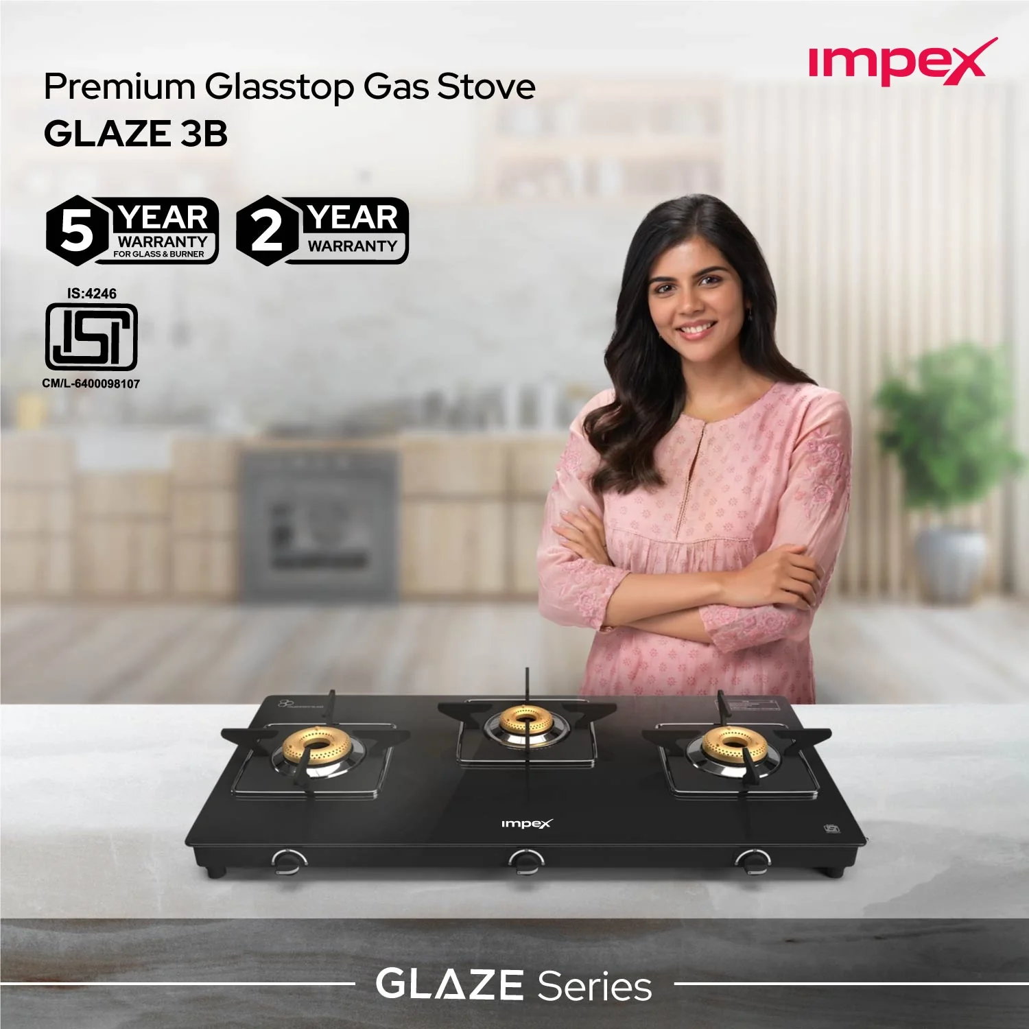 3 Burner Glasstop Gas Stove (Glaze 3B) | Easy Clean | Powder Coated | Rust Proof - Image 4