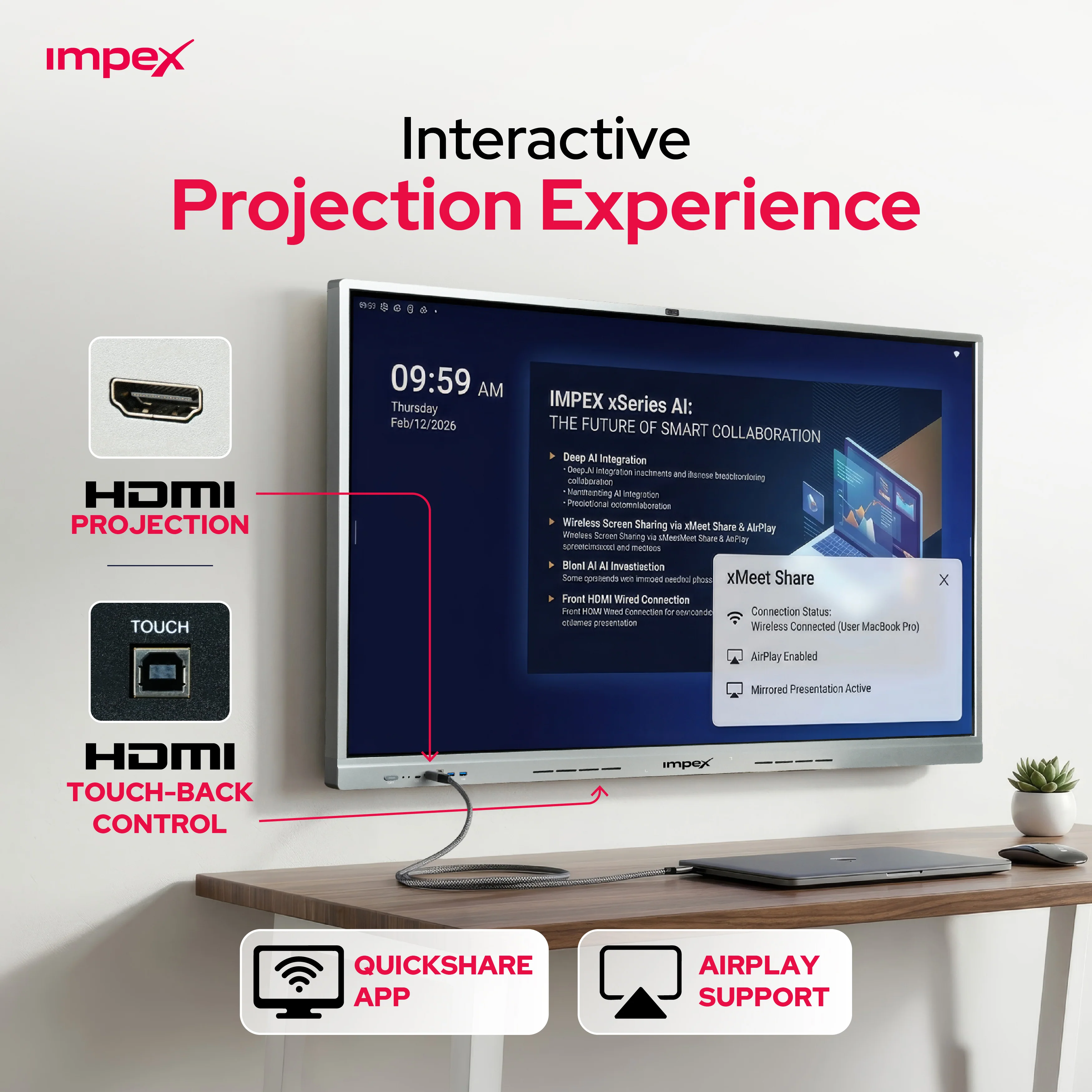 IMPEX xMeet AI 65ā Interactive Flat Panel Display | 4K UHD | Android 14 (EDLA Certified) | 20/40 Multi-Touch | 48MP Camera | 8-Mic Array | AI Whiteboard - Image 10