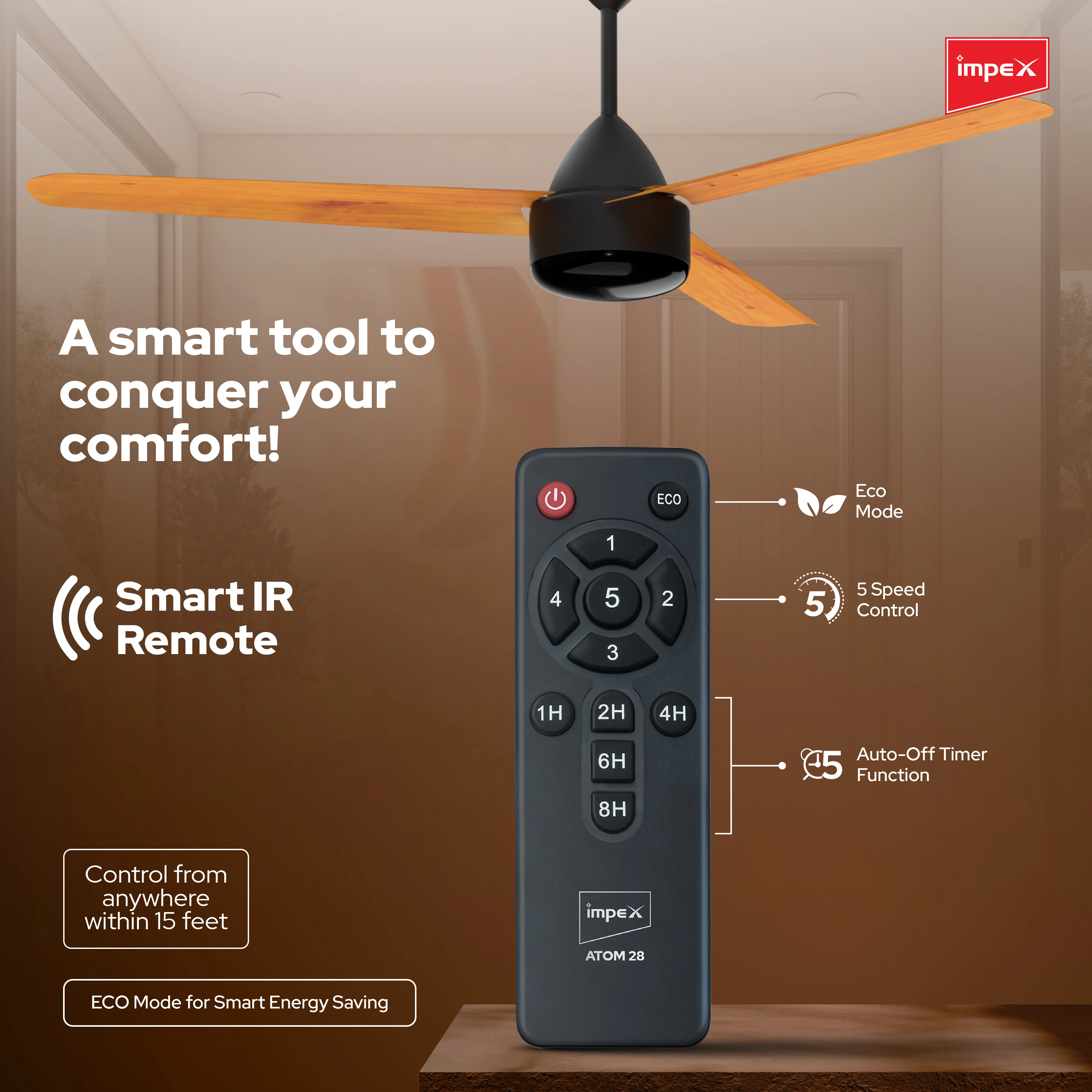 IMPEX Atom 28 Classic TW, 5 Star 1200 mm BLDC Motor with Remote 3 Blade Ceiling Fan - Image 4