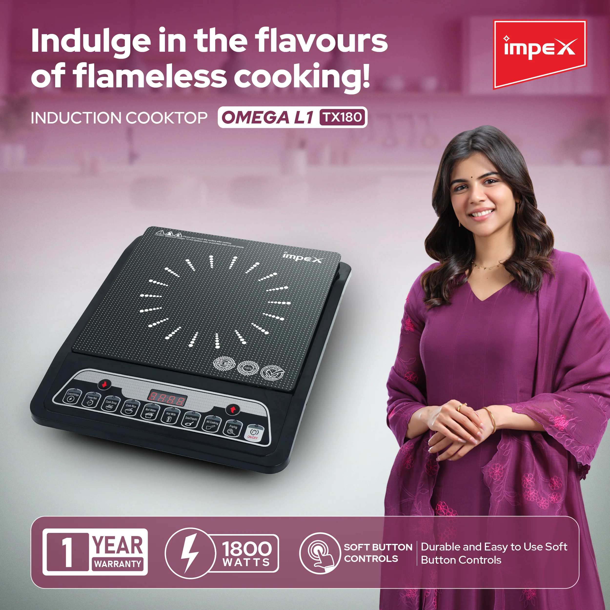 Impex OMEGA L1 TX180 Induction Cooker with 1800W Power | 6 Cooking Modes, LED Display & Timer - Image 2