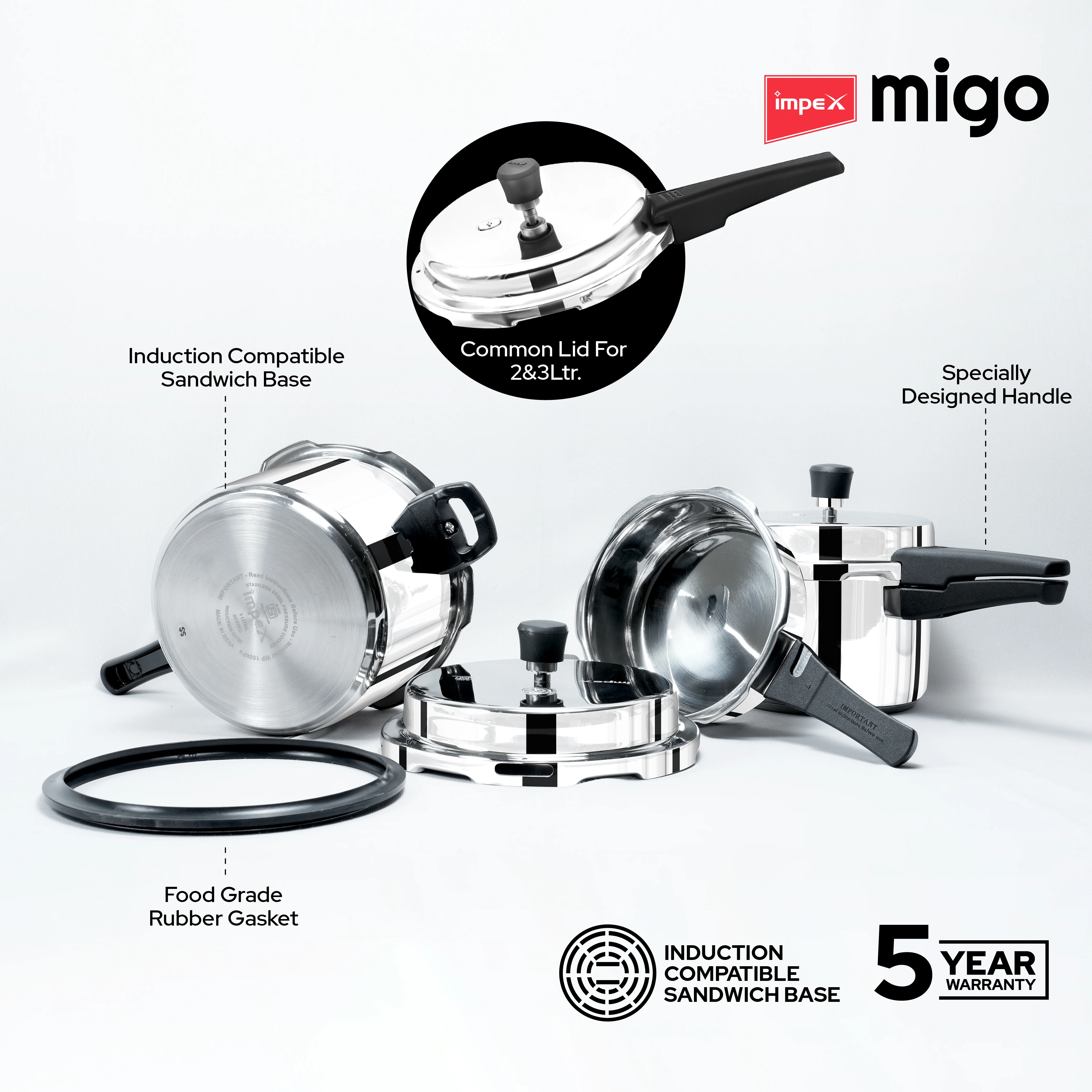 Migo Stainless Steel Pressure Cooker Set (2L, 3L, 5L) | Induction Base Outer Lid Combo Pack of 3 | Sandwich Bottom, Gas & Induction Compatible, Durable & Safe - Image 3