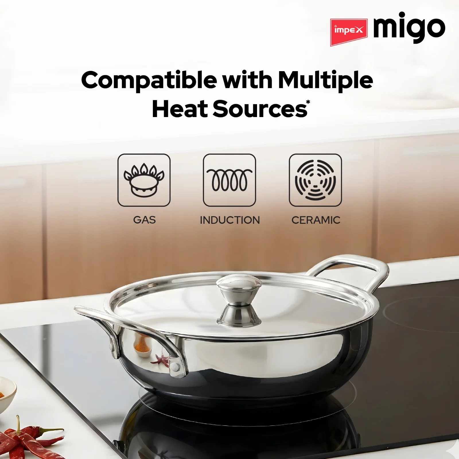 Migo Triply Ultra-Thick Deep Kadai - Uniform Heating, Super Strong SS Wired Handles and Non-Rustic Material Kadhai 24 cm diameter with Lid 2.9 L capacity (Triply, Induction Bottom) - Image 3