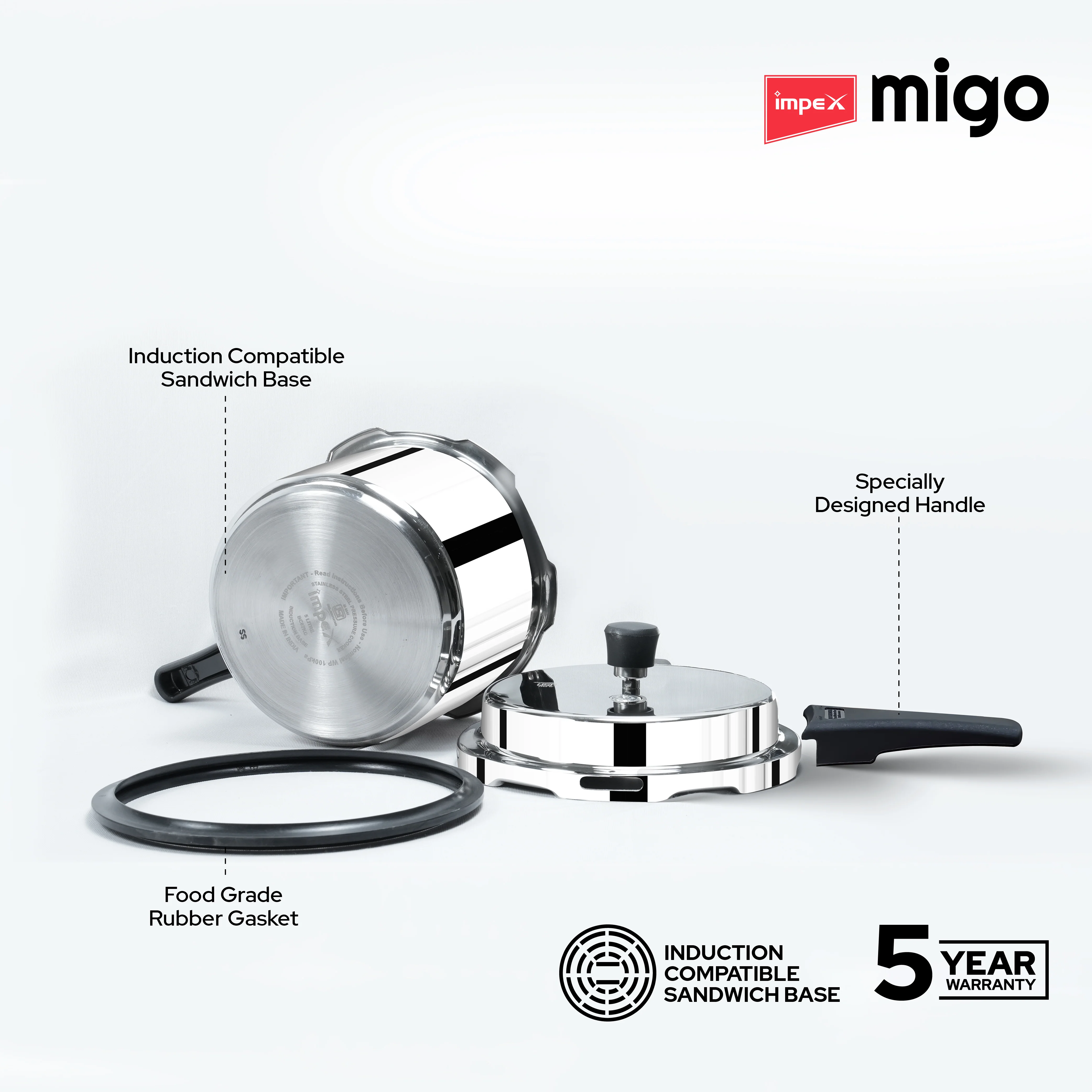 IMPEX Migo 3 Litre Stainless Steel Pressure Cooker | Induction Base Outer Lid Cooker, Silver | Sandwich Bottom, Gas & Induction Compatible, Durable & Safe - Image 3
