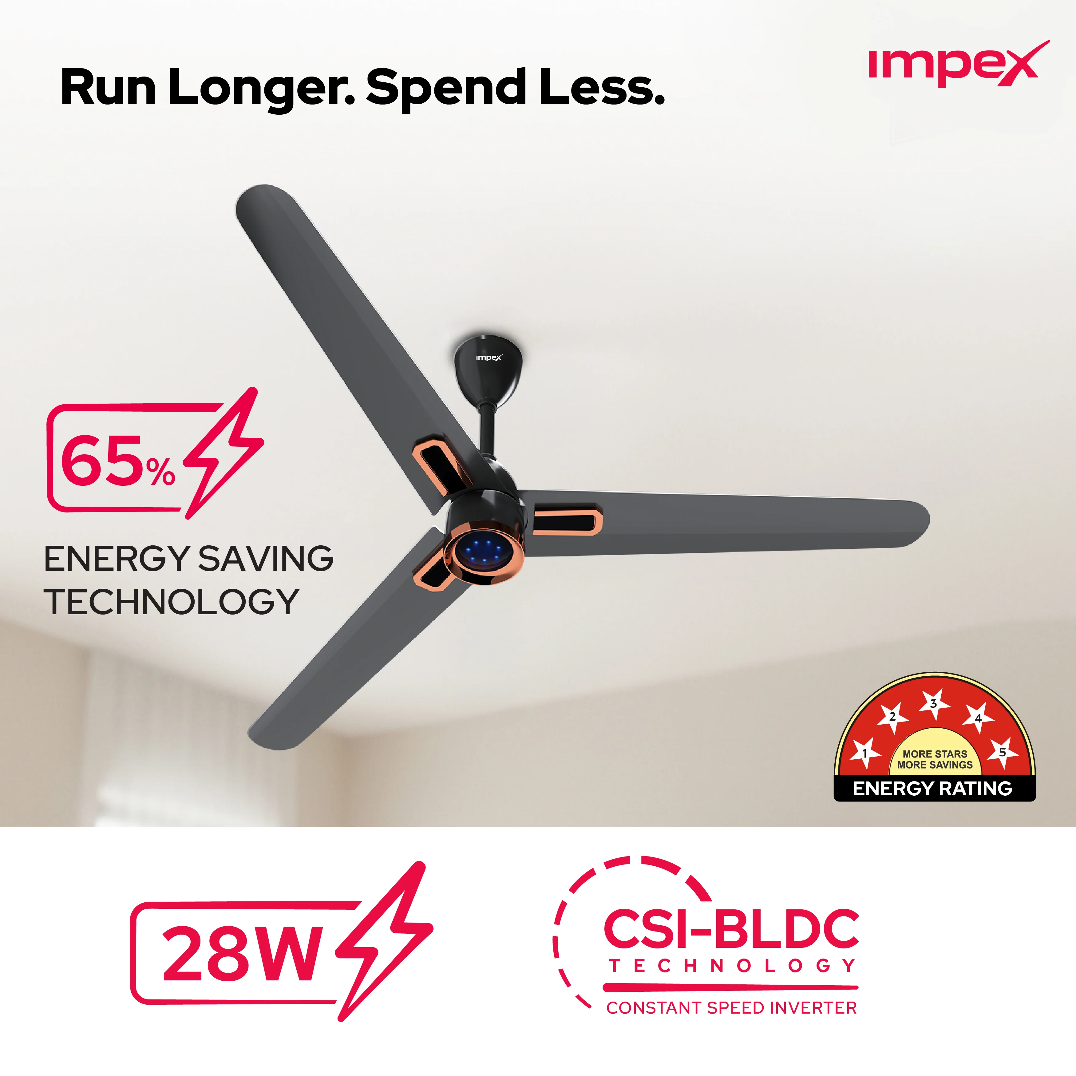 Impex ATOM GLOW SMOKE BROWN 1200 mm BLDC Ceiling Fan with Remote, 5-Star Rating and Smart Glow LED - Image 5