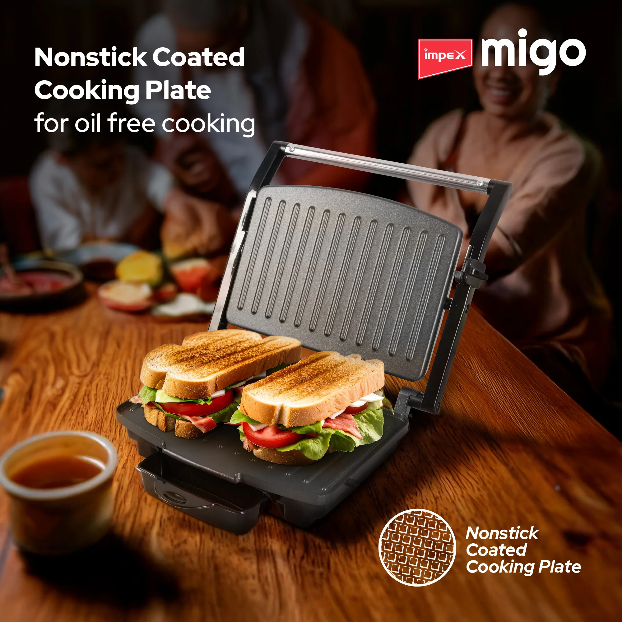Impex Eazytoast Panini & Sandwich Maker with Floating Hinge System, 1000W Power, and Premium Stainless Steel Body (Black and Steel Finish) - Image 3