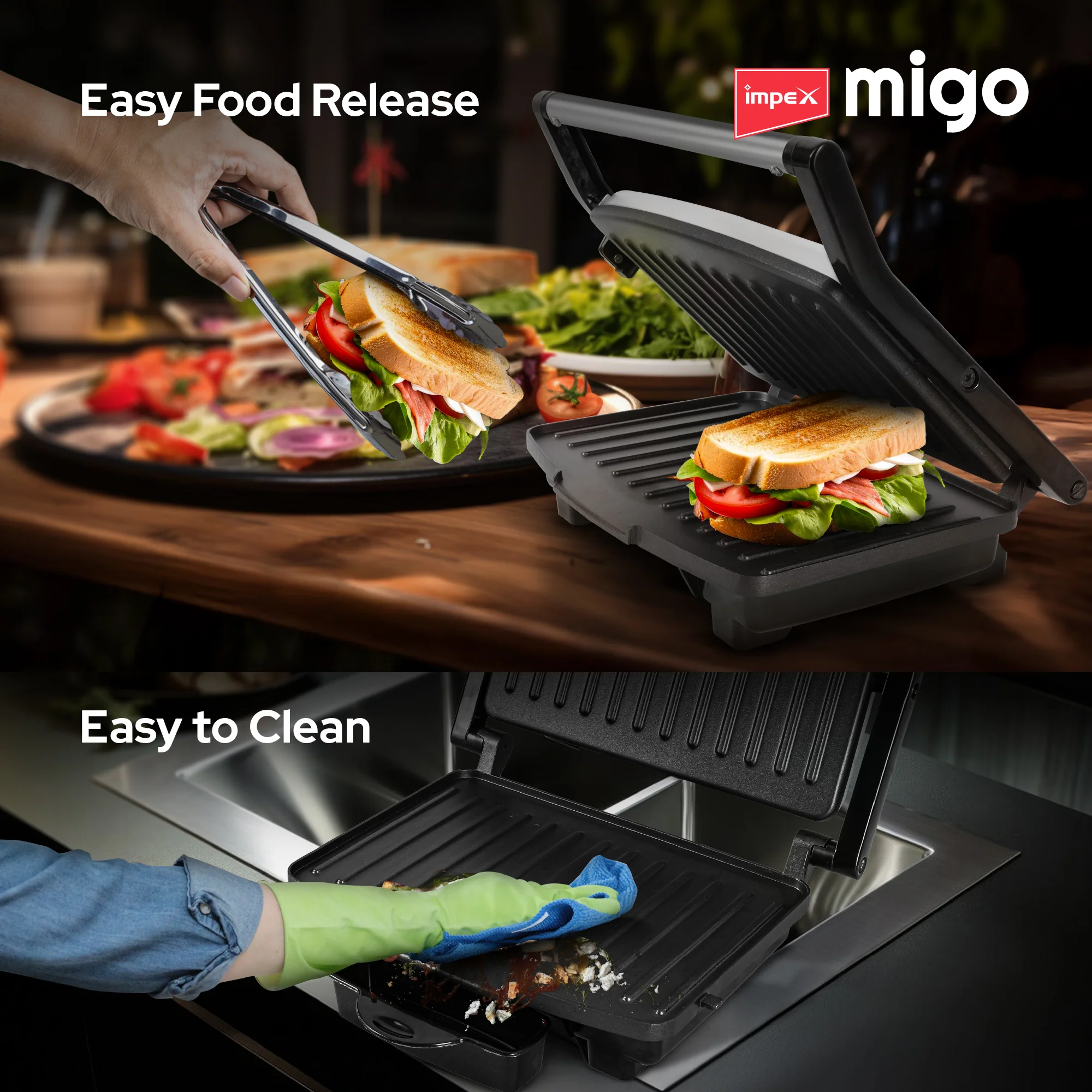 Impex Eazytoast Panini & Sandwich Maker with Floating Hinge System, 1000W Power, and Premium Stainless Steel Body (Black and Steel Finish) - Image 6