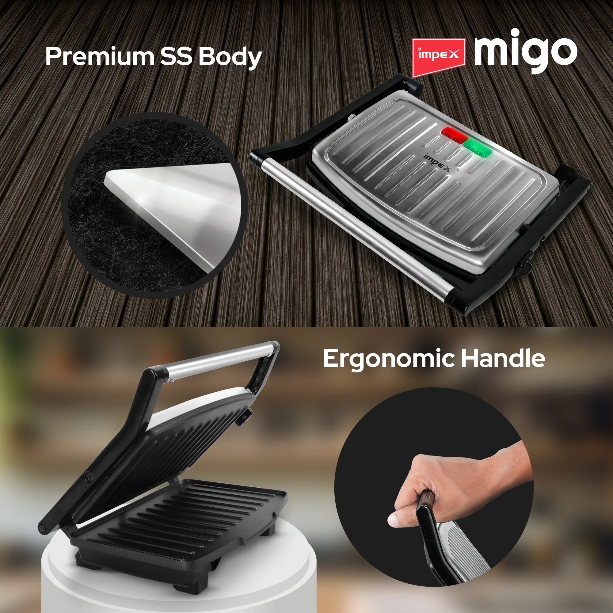 Impex Eazytoast Panini & Sandwich Maker with Floating Hinge System, 1000W Power, and Premium Stainless Steel Body (Black and Steel Finish) - Image 7