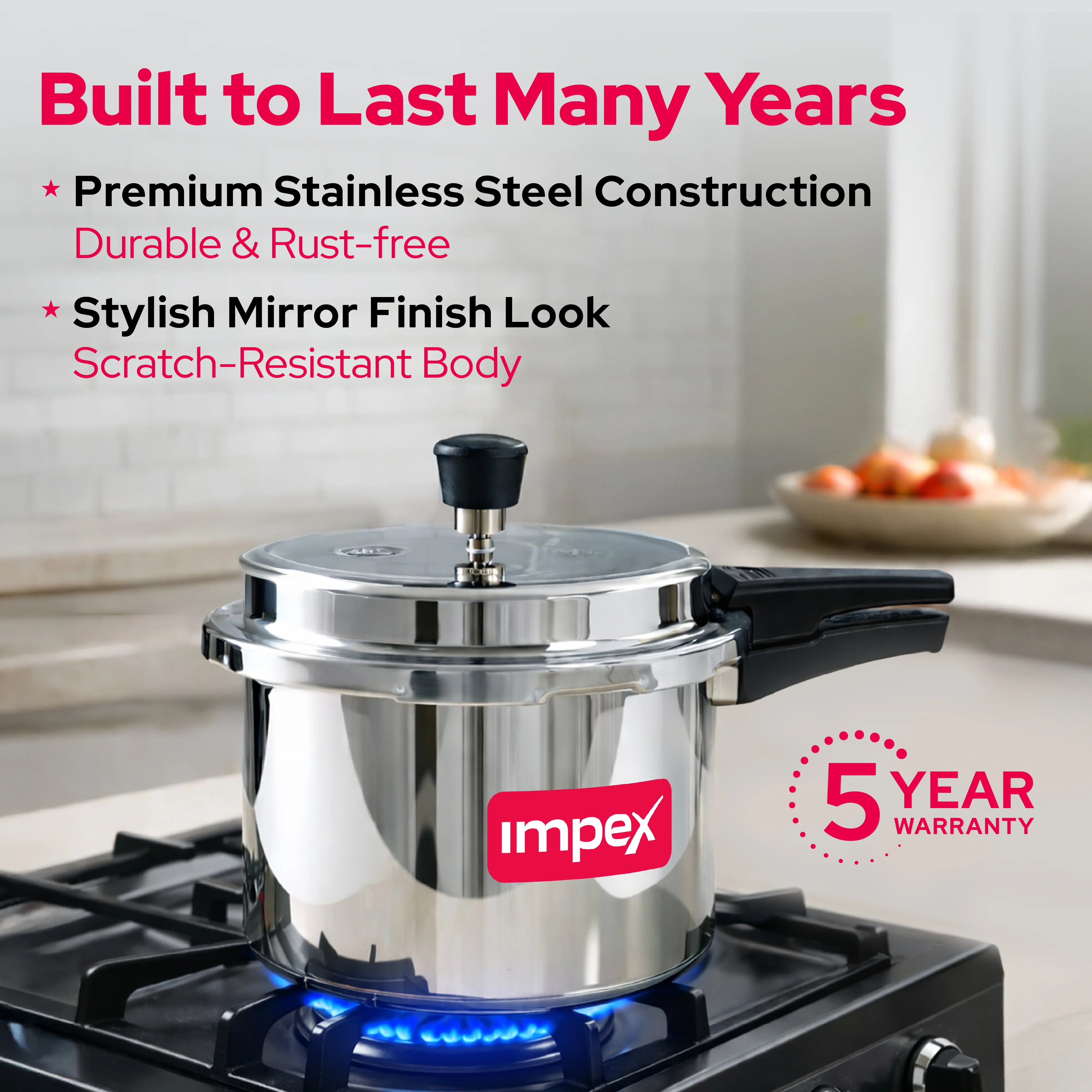 EP 3 Litre Tri-Ply Stainless Steel Pressure Cooker | Gas & Induction Compatible | Durable & Safe - Image 6