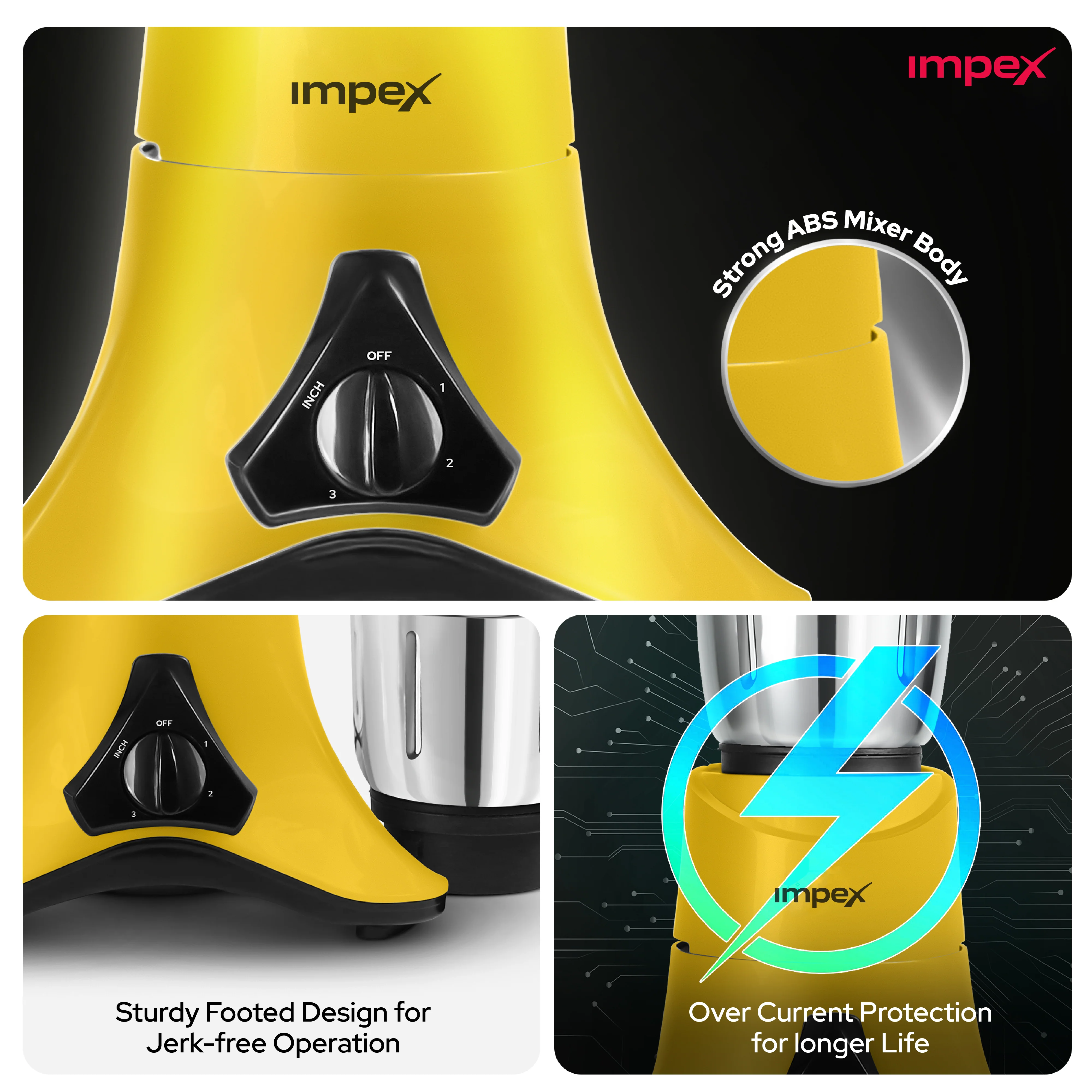 IMPEX Grind Q 600 Mixer Grinder with Over Current Protection | 3+2 Year Warranty | 600 W Mixer Grinder (Grind Q 600 | 3 Jars | Yellow, Black) - Image 4