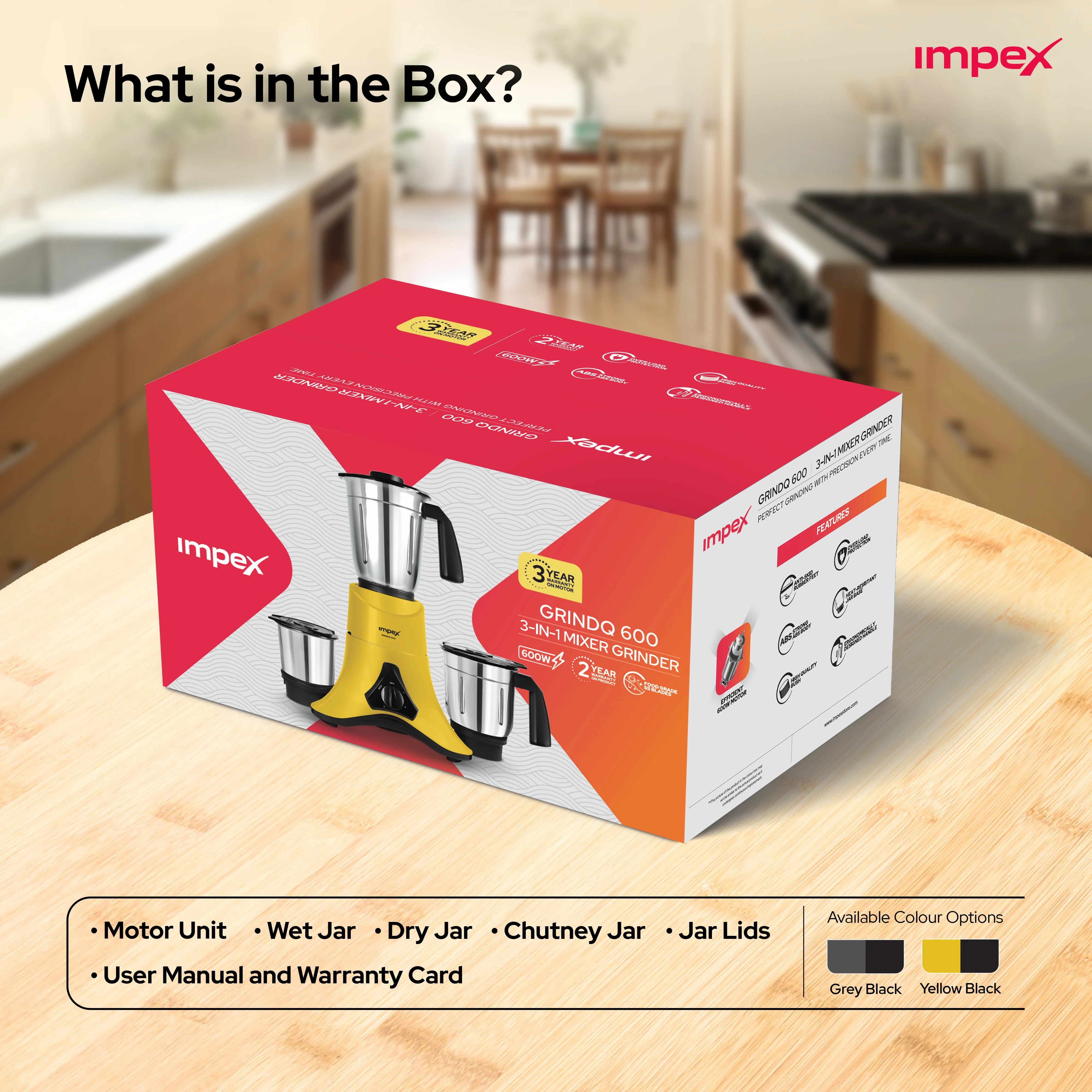 IMPEX Grind Q 600 Mixer Grinder with Over Current Protection | 3+2 Year Warranty | 600 W Mixer Grinder (Grind Q 600 | 3 Jars | Yellow, Black) - Image 6