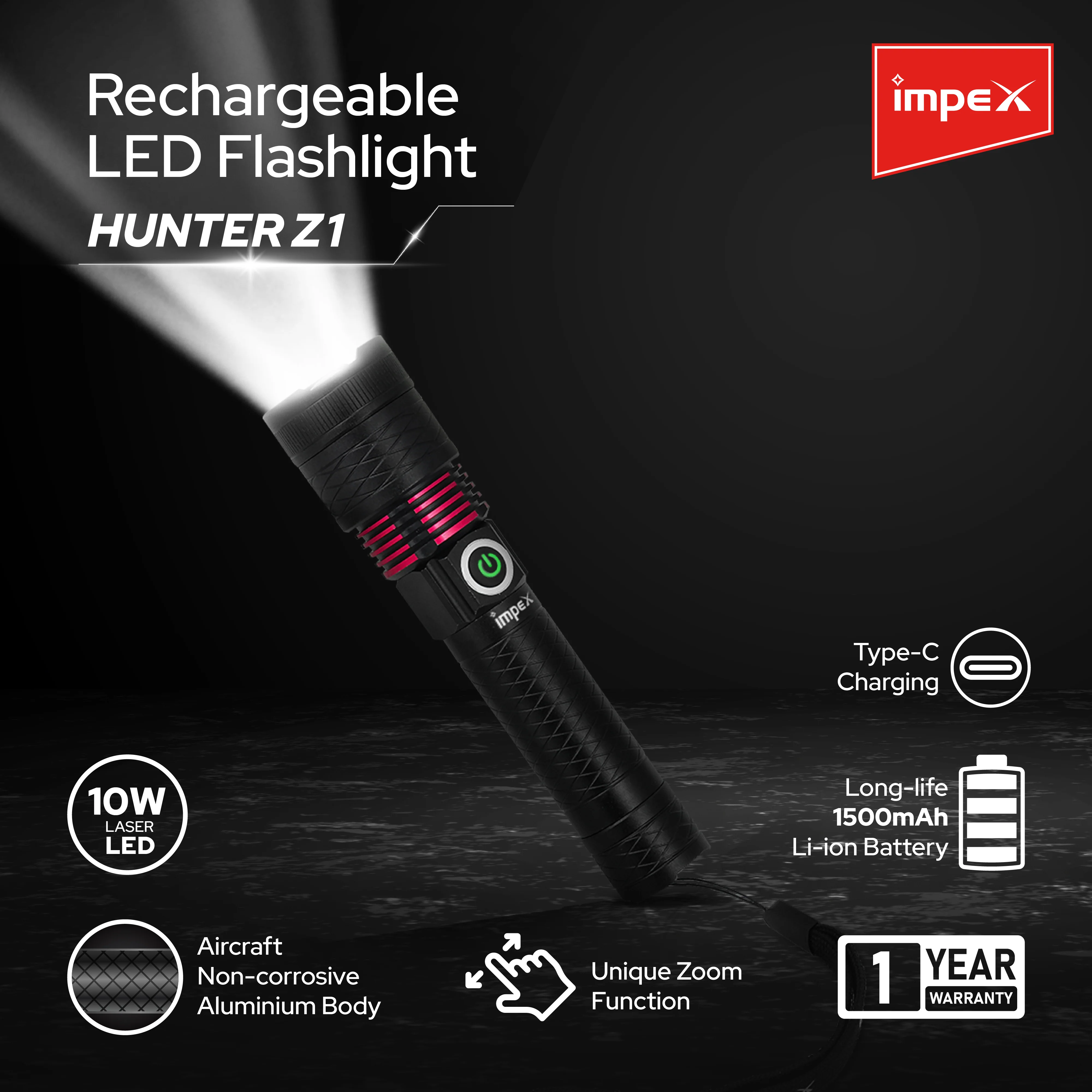 Impex HUNTER Z1 Rechargeable LED Flashlight with Laser LED, 1800 Meter Real Range and 1500 mAh Li-ion Battery (Black) - Image 3