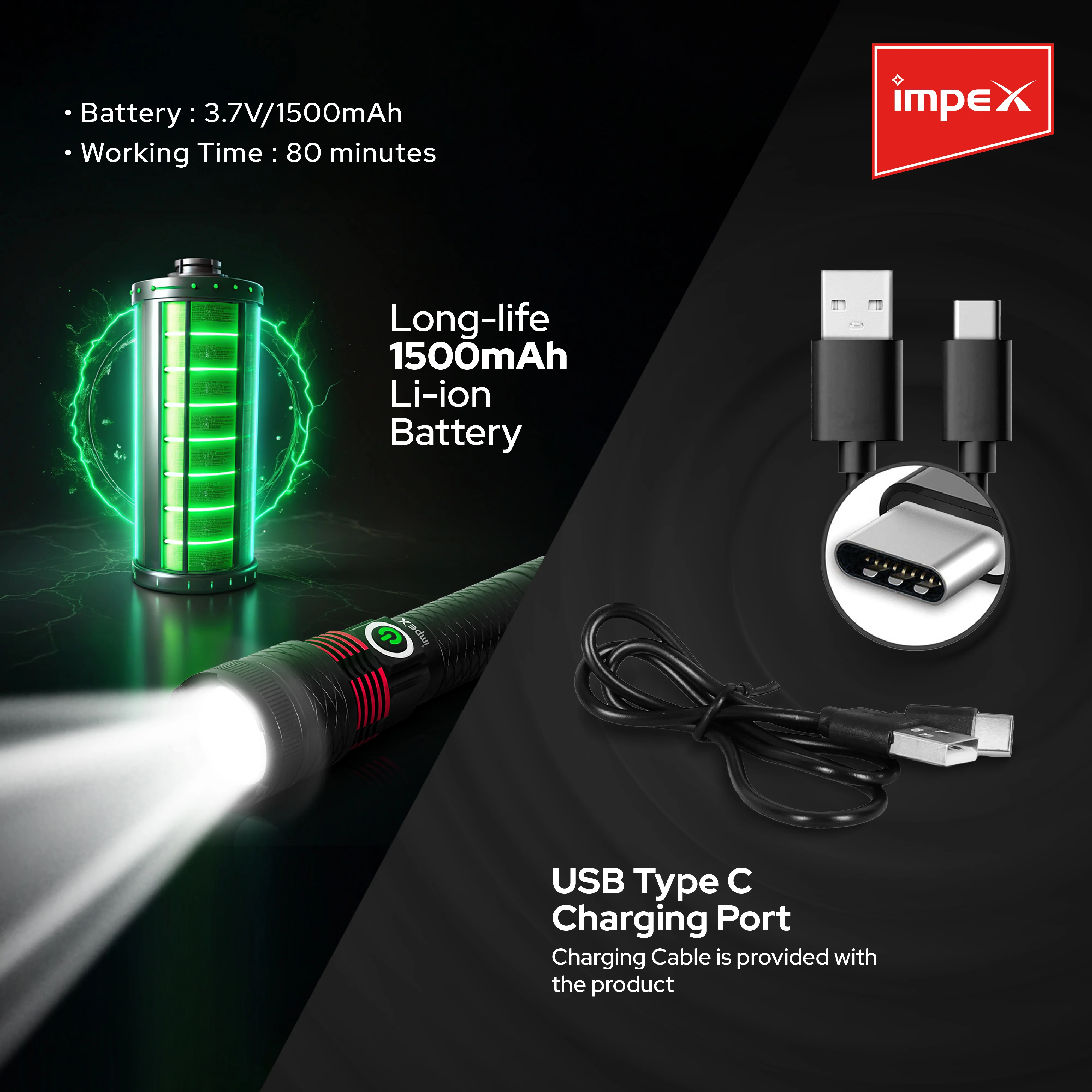 Impex HUNTER Z1 Rechargeable LED Flashlight with Laser LED, 1800 Meter Real Range and 1500 mAh Li-ion Battery (Black) - Image 4