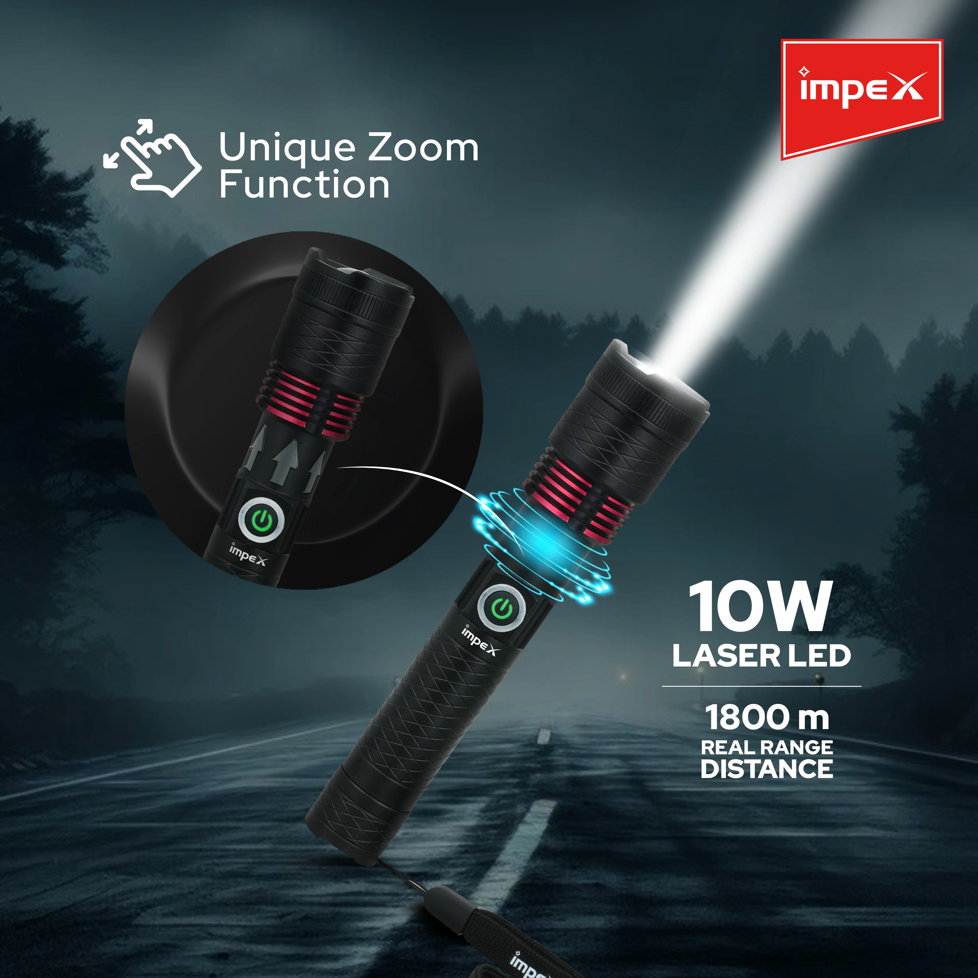 Impex HUNTER Z1 Rechargeable LED Flashlight with Laser LED, 1800 Meter Real Range and 1500 mAh Li-ion Battery (Black) - Image 5