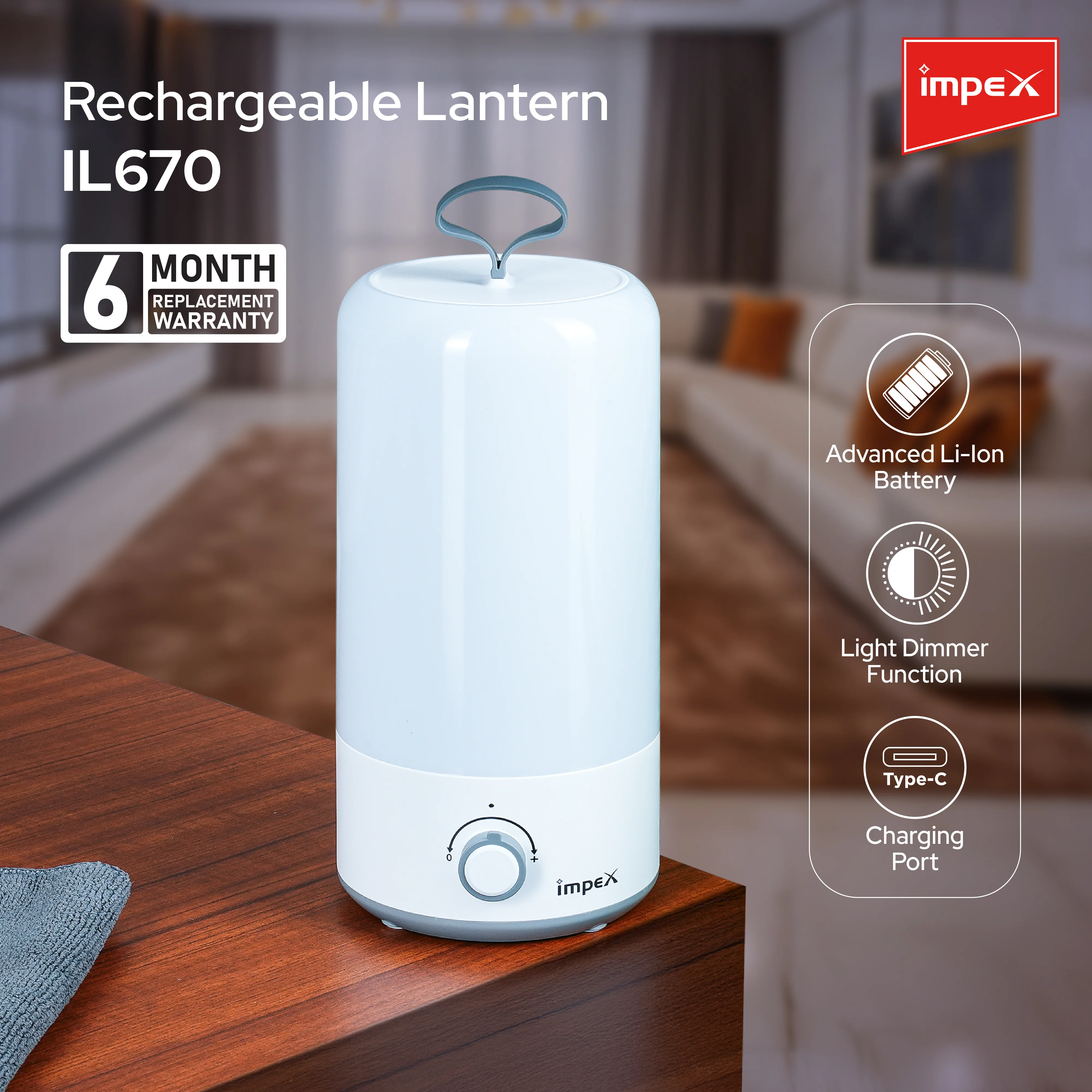 Impex IL 670 Rechargeable LED Lantern with Knob Control, 445 Lumens, and 1800 mAh Li-ion Battery (Gray & White) - Image 3