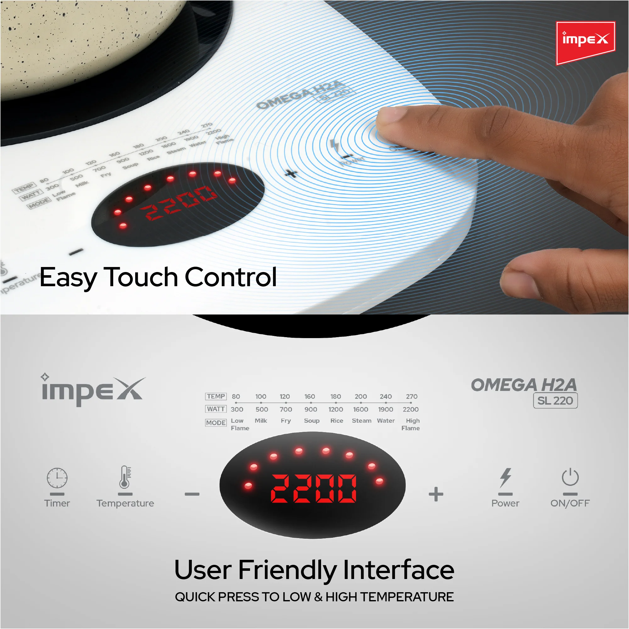 Impex OMEGA H2A SL220 WHITE Induction Cooker with Powerful 2200W Fast Cooking and Crystalline Glass Top - Image 6