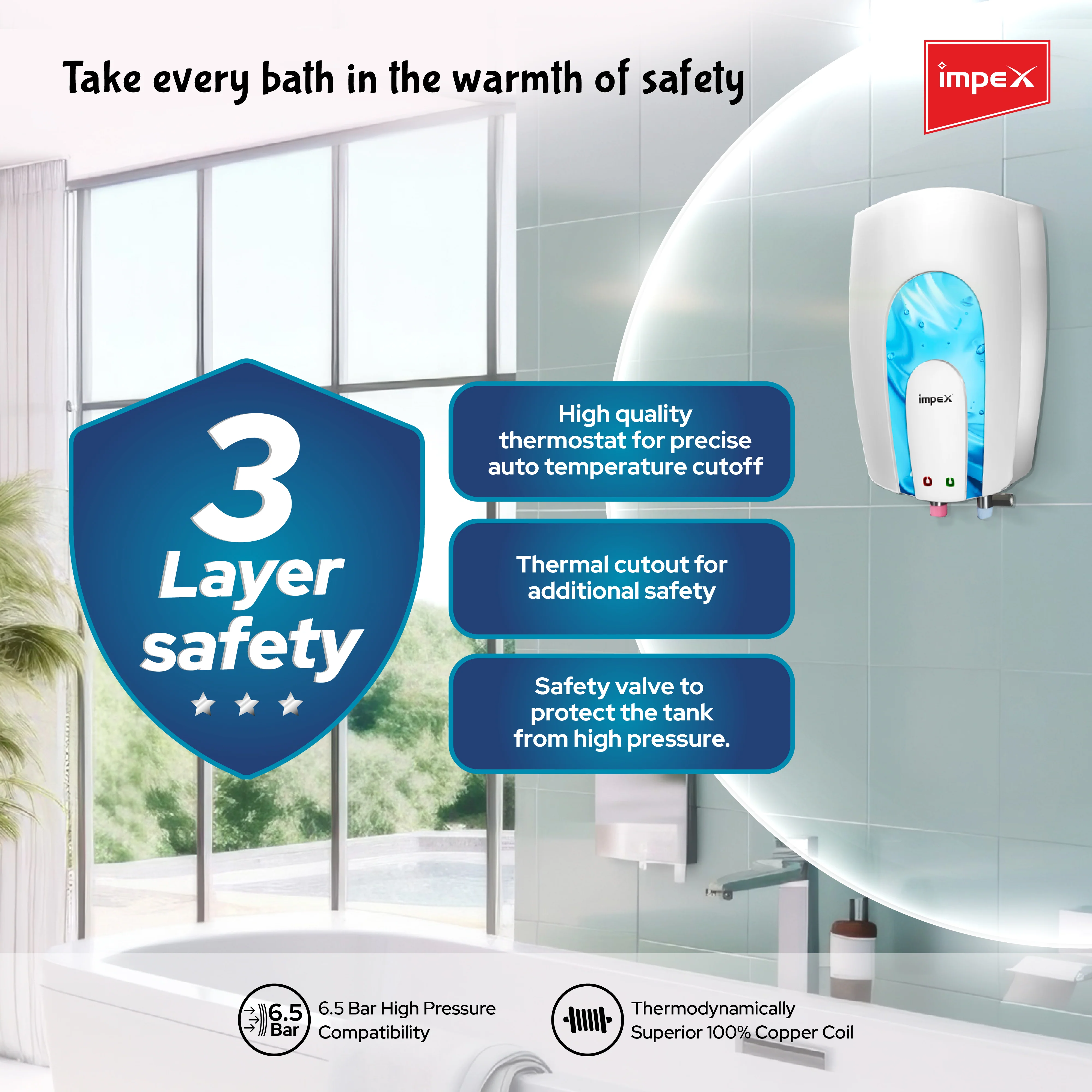 Impex INSTAH 3 Instant Water Heater - 3L, 3000W, High-Pressure 6.5 Bar, Rapid Heating, White - Image 4