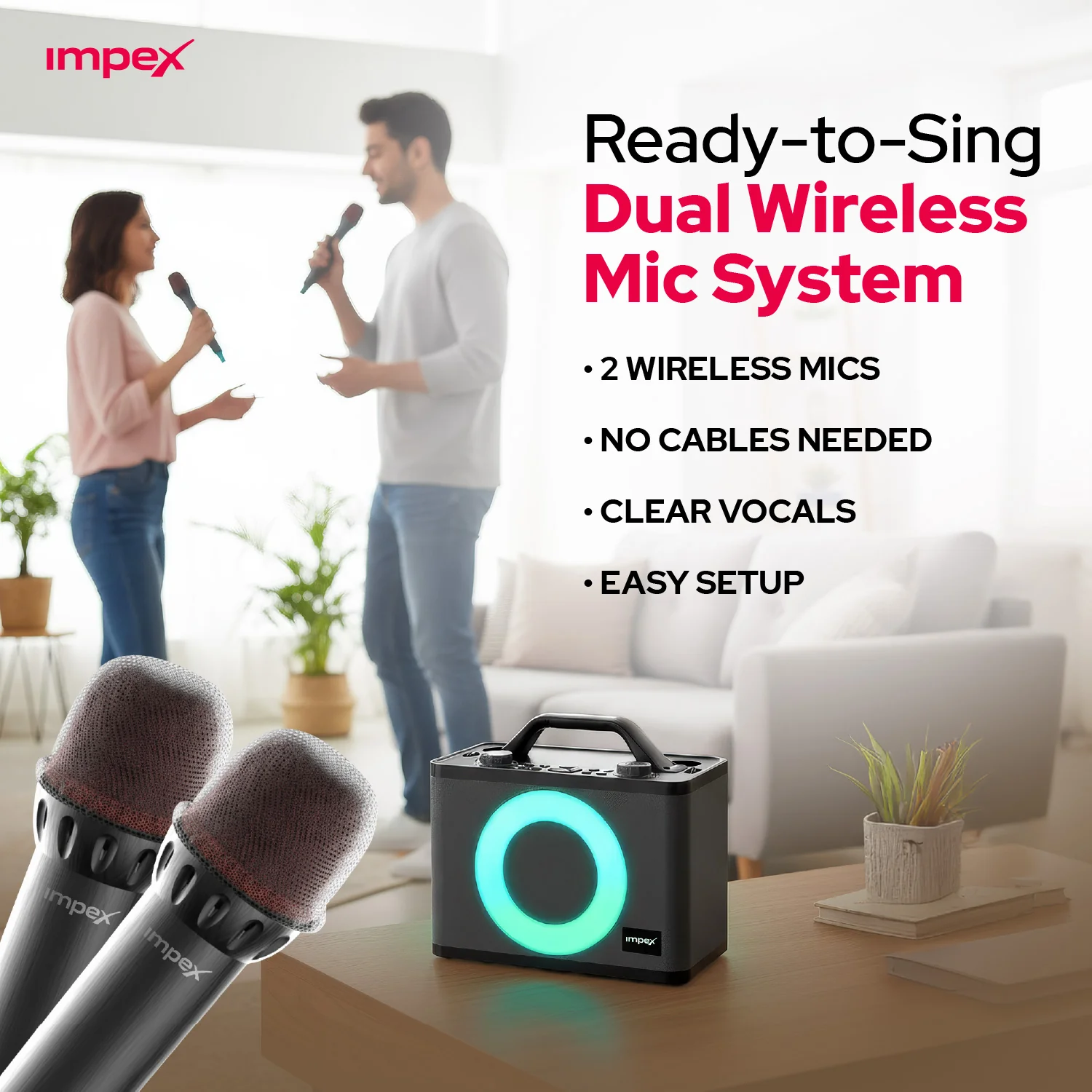 KM1306 50W Portable Karaoke Speaker | Dual Microphones| 10 LED mode | Type C | 50Watts - Image 4