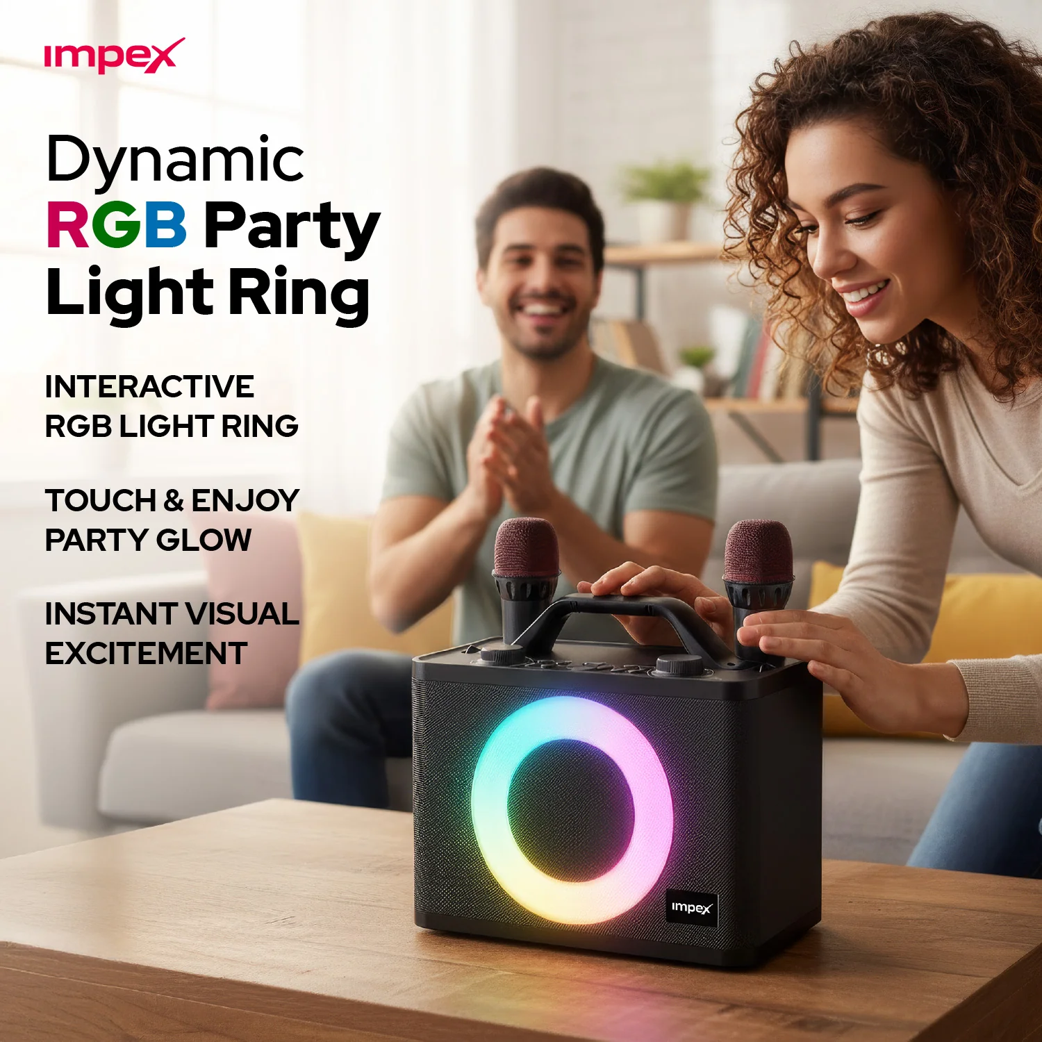 KM1306 50W Portable Karaoke Speaker | Dual Microphones| 10 LED mode | Type C | 50Watts - Image 5