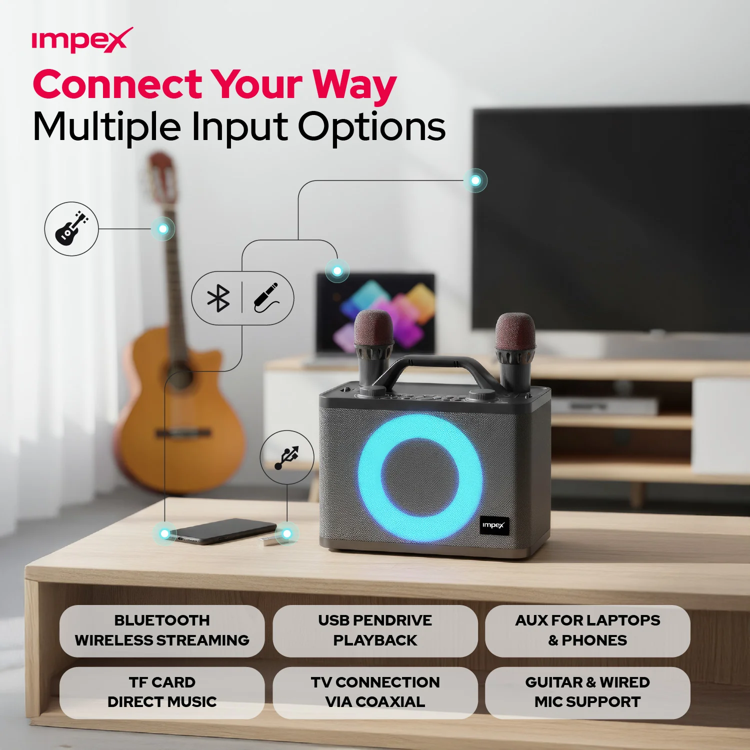 KM1306 50W Portable Karaoke Speaker | Dual Microphones| 10 LED mode | Type C | 50Watts - Image 7