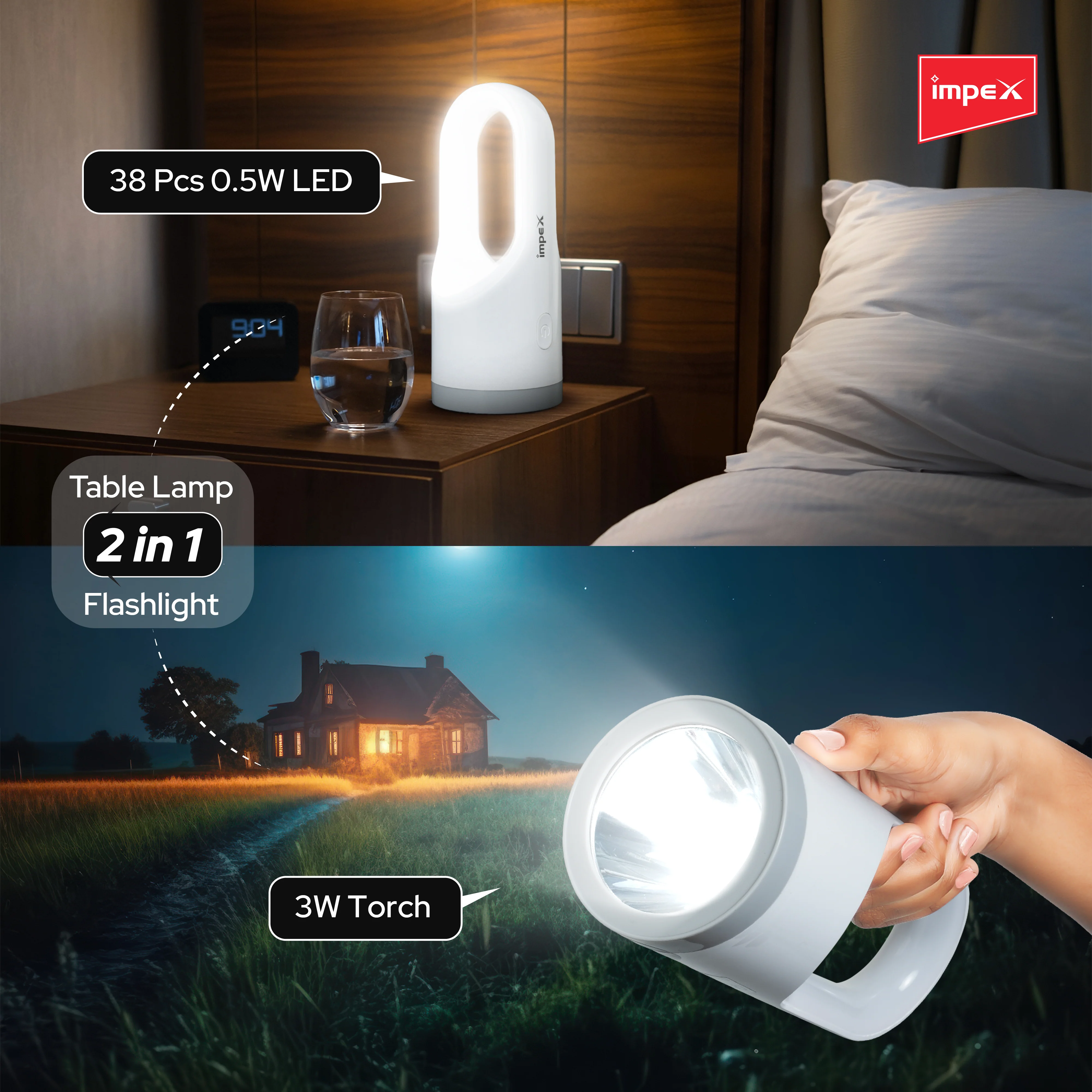 Impex LUMIN A0 Rechargeable LED Emergency Light with In-built Li-ion Battery and Multi-mode Operation (Gray and White) - Image 3