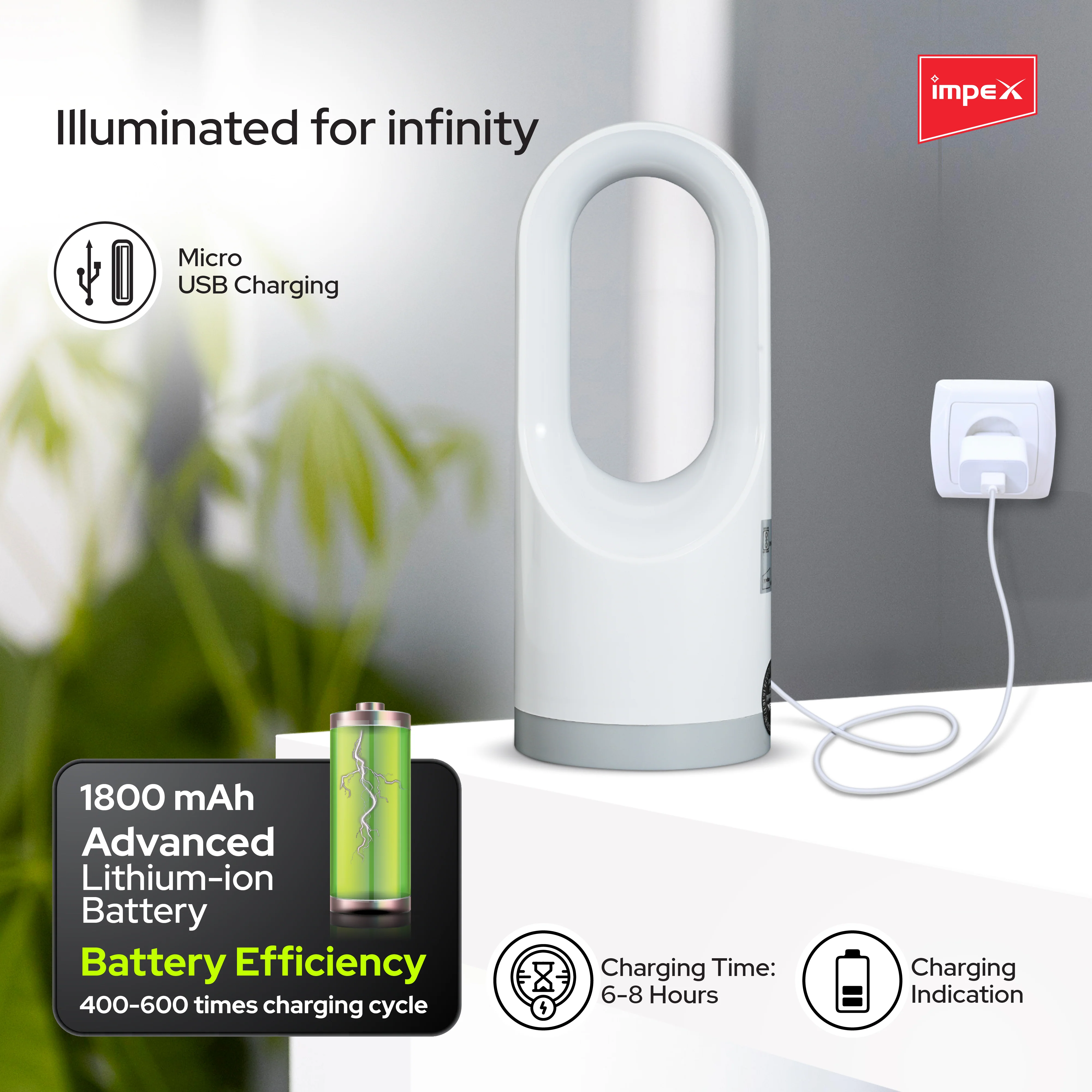Impex LUMIN A0 Rechargeable LED Emergency Light with In-built Li-ion Battery and Multi-mode Operation (Gray and White) - Image 4