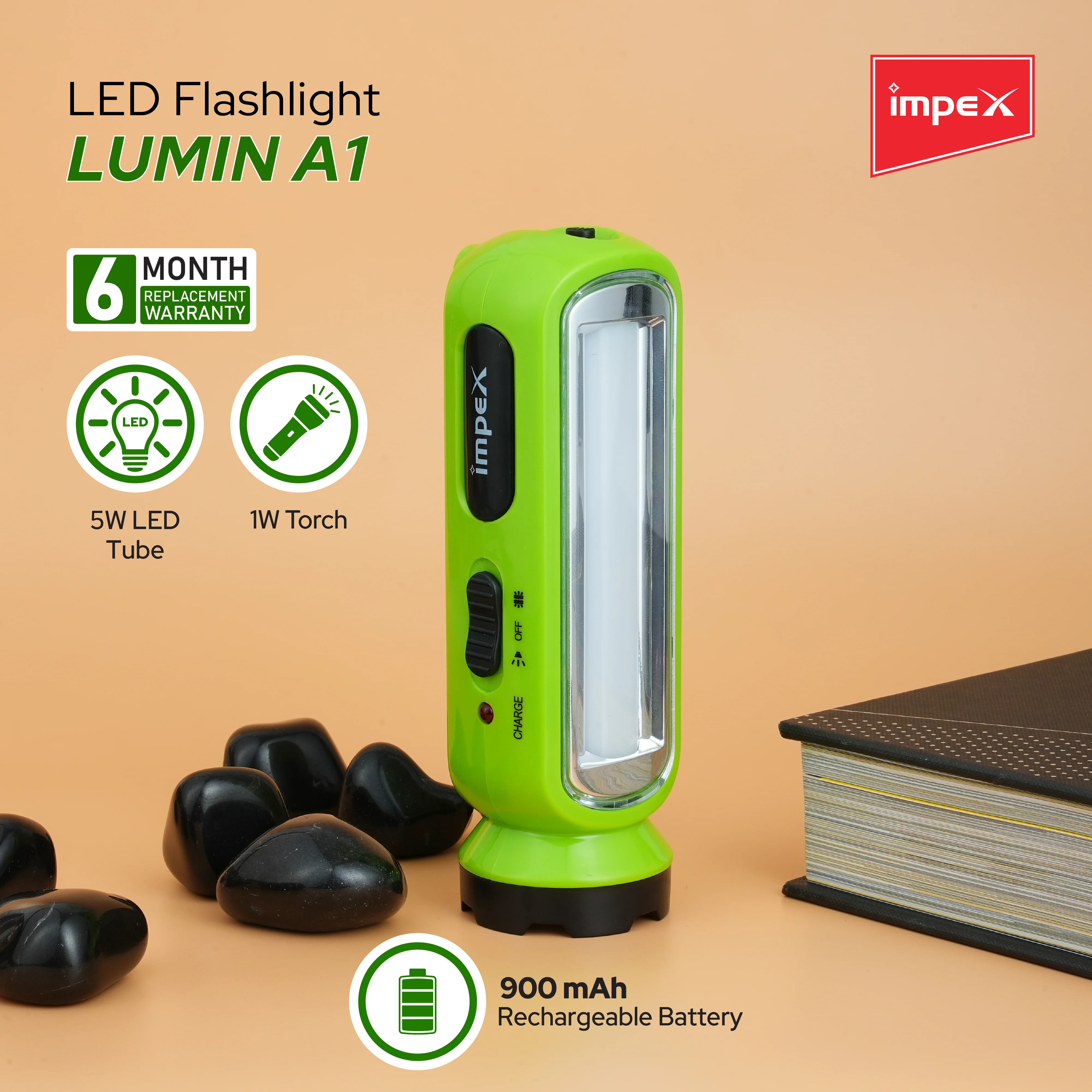 Impex LUMIN A1 Rechargeable LED Flashlight with Dual Torch & Lamp Modes and Built-in Charging Plug (Green) - Image 6
