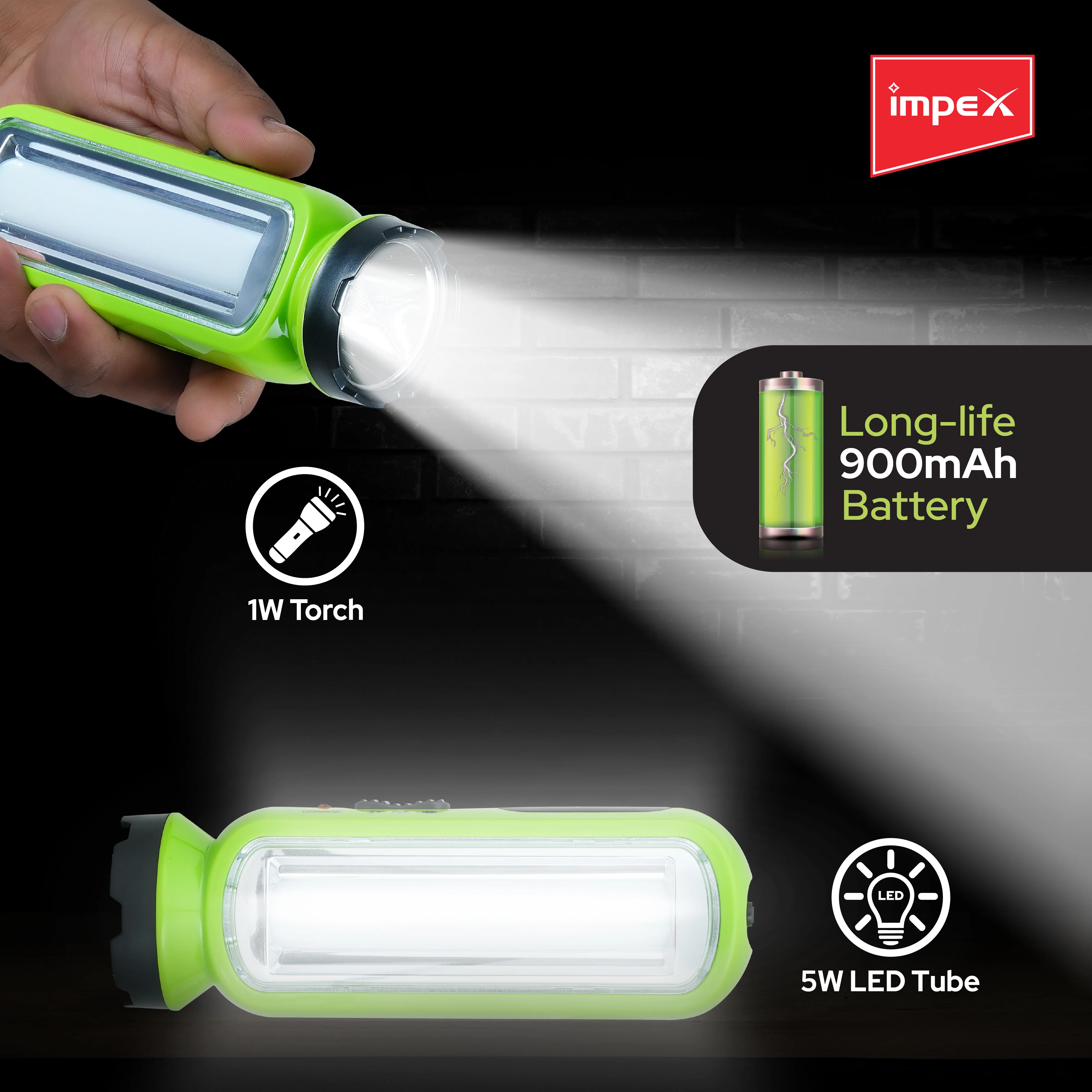 Impex LUMIN A1 Rechargeable LED Flashlight with Dual Torch & Lamp Modes and Built-in Charging Plug (Green) - Image 7