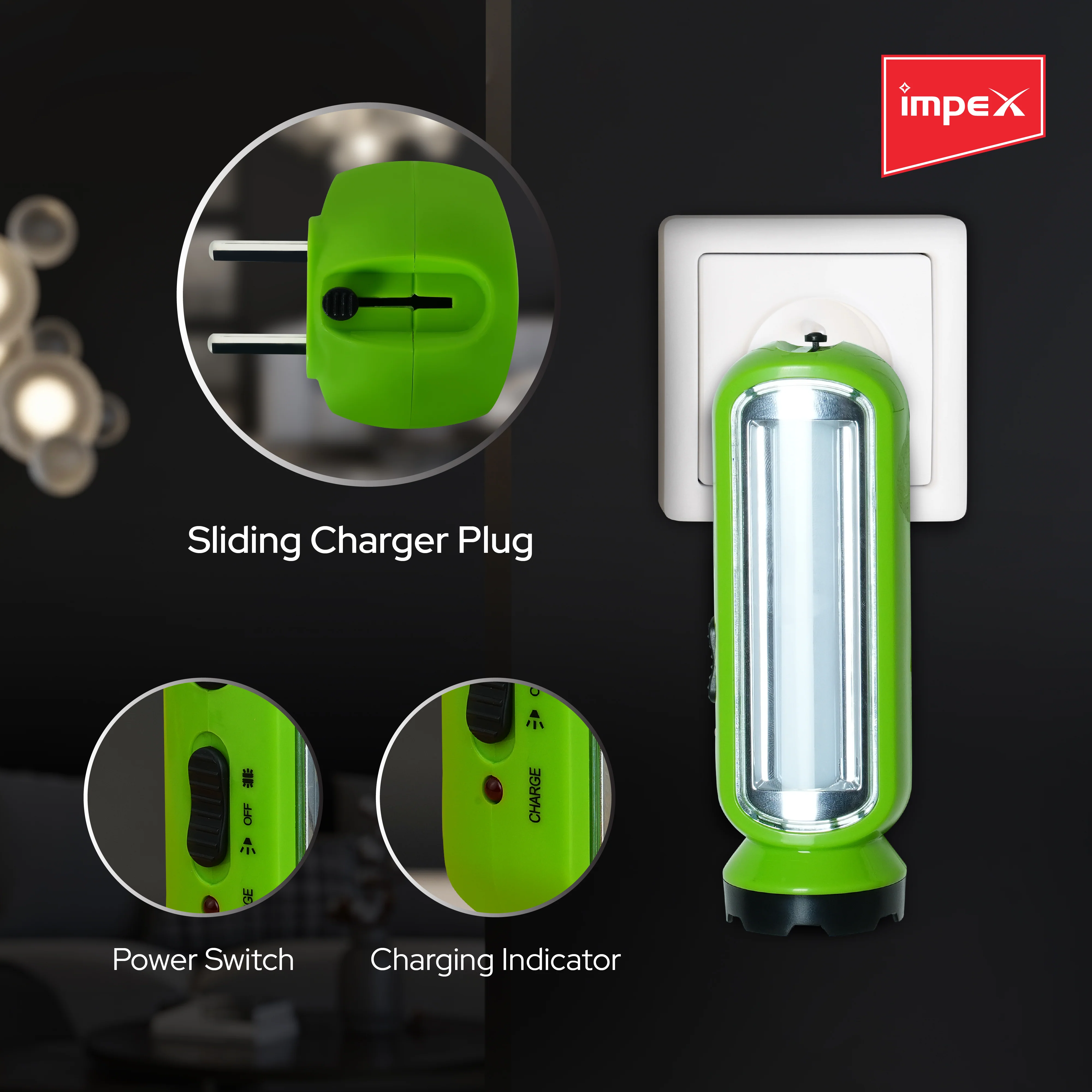 Impex LUMIN A1 Rechargeable LED Flashlight with Dual Torch & Lamp Modes and Built-in Charging Plug (Green) - Image 8