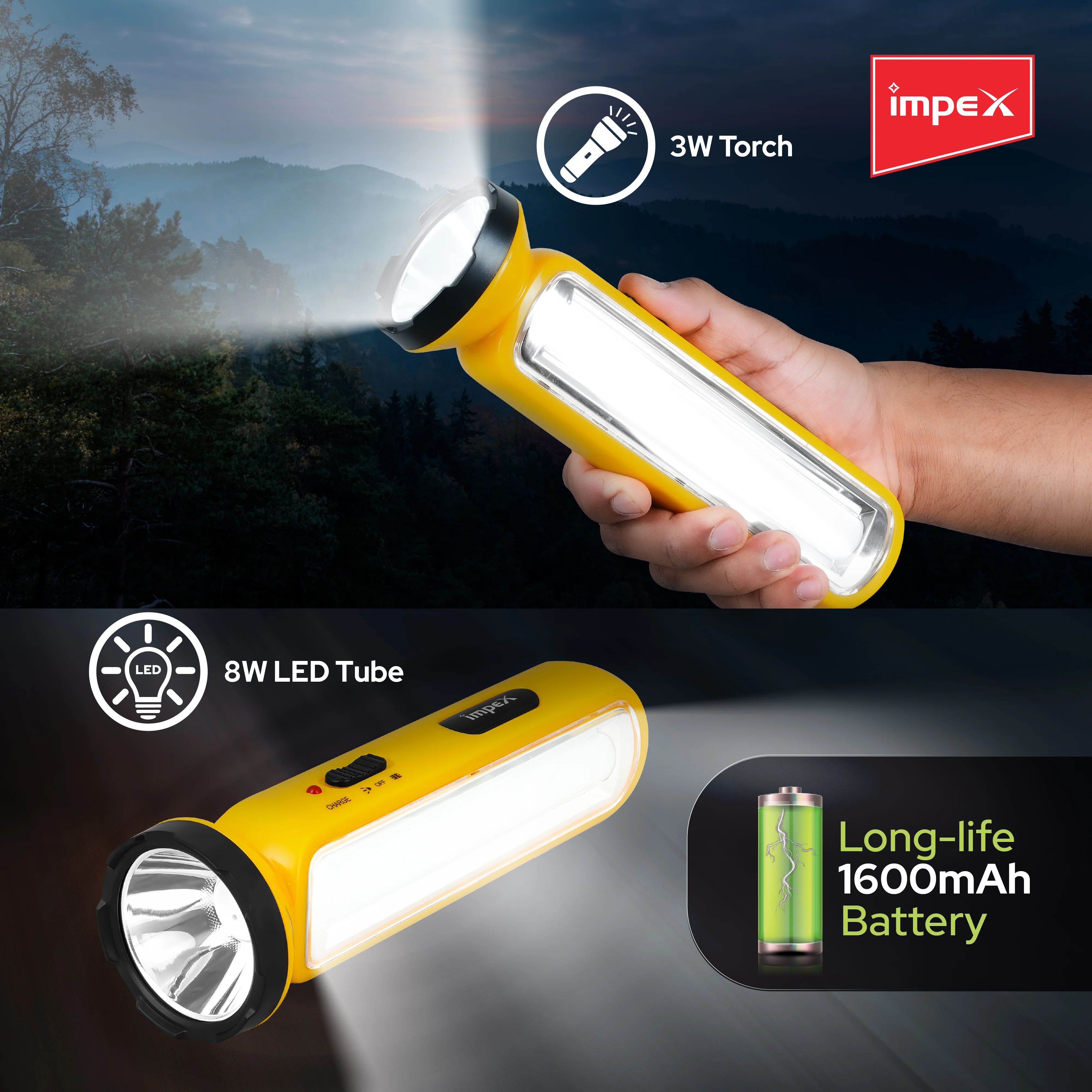 Impex LUMIN A2 Rechargeable LED Flashlight with Dual Torch & Lamp Modes and Built-in Charging Plug (Yellow) - Image 6