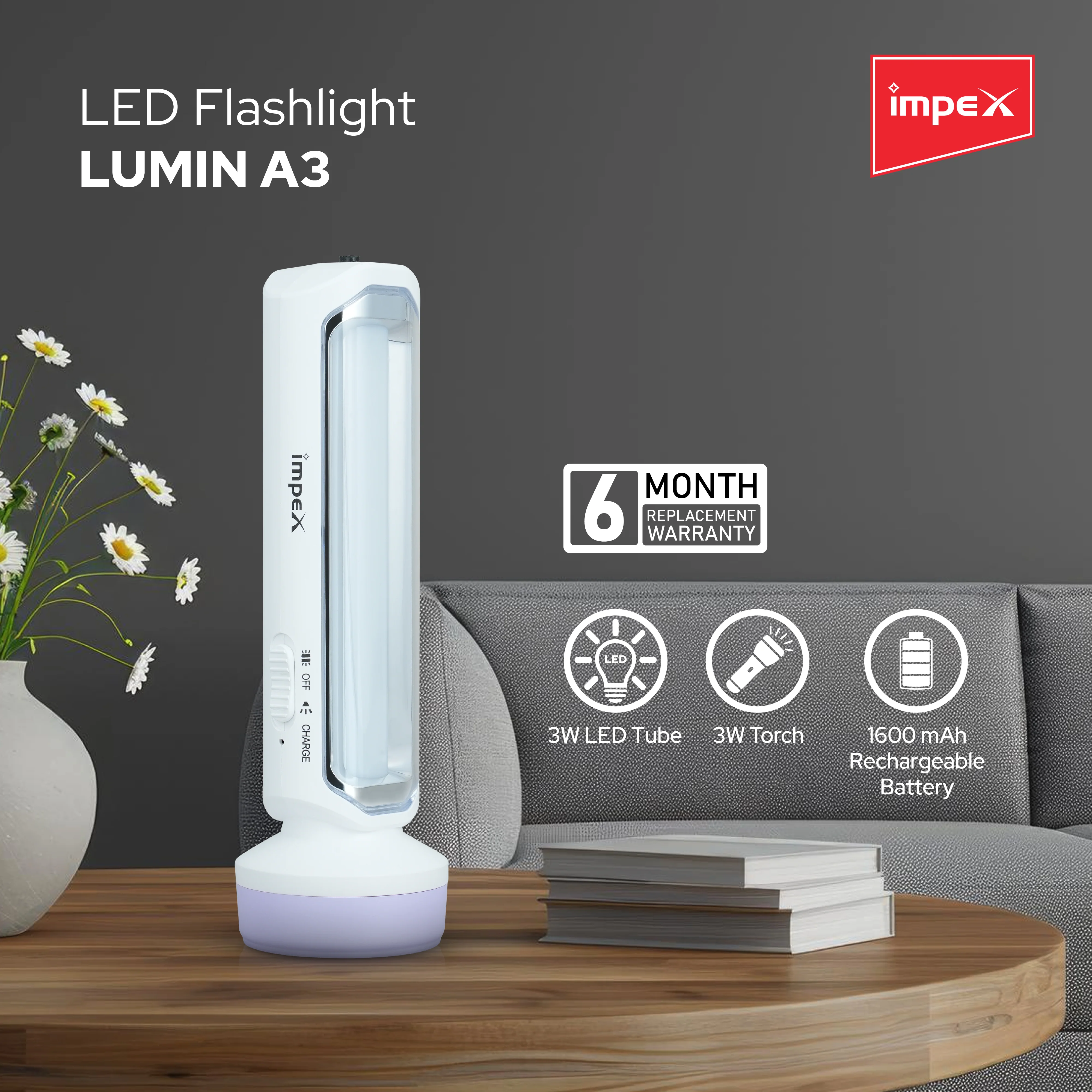 Impex LUMIN A3 Rechargeable LED Flashlight with Dual Torch & Lamp Modes and Built-in Charging Plug (White) - Image 6