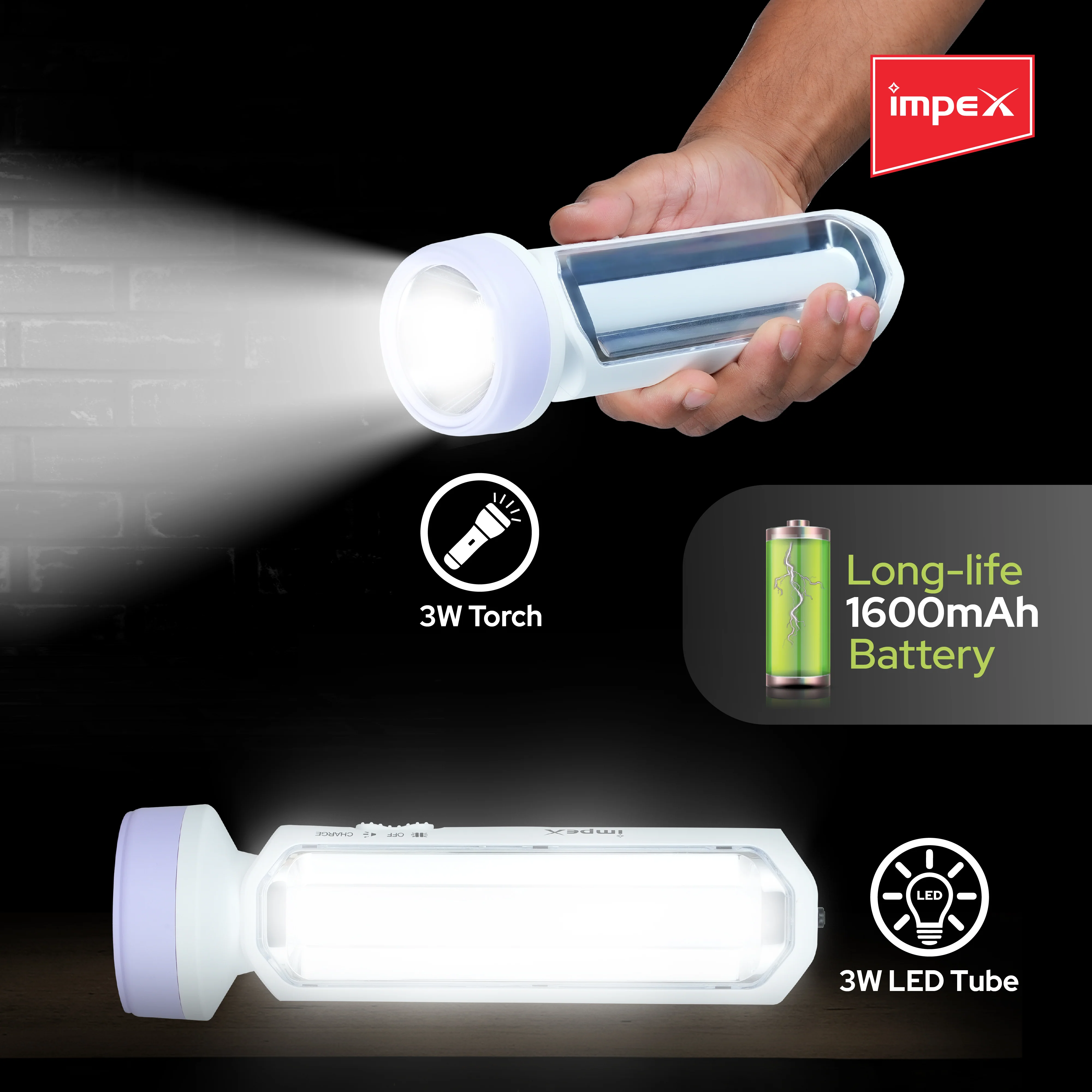 Impex LUMIN A3 Rechargeable LED Flashlight with Dual Torch & Lamp Modes and Built-in Charging Plug (White) - Image 7
