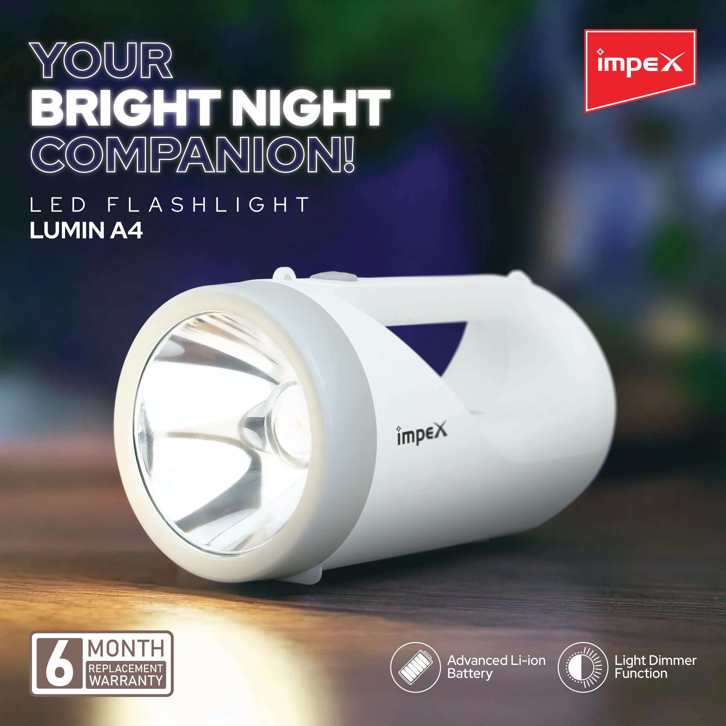 Impex LUMIN A4 Rechargeable LED Flashlight with 3600 mAh Li-ion Battery and USB Type-B Charging (White and Gray) - Image 3