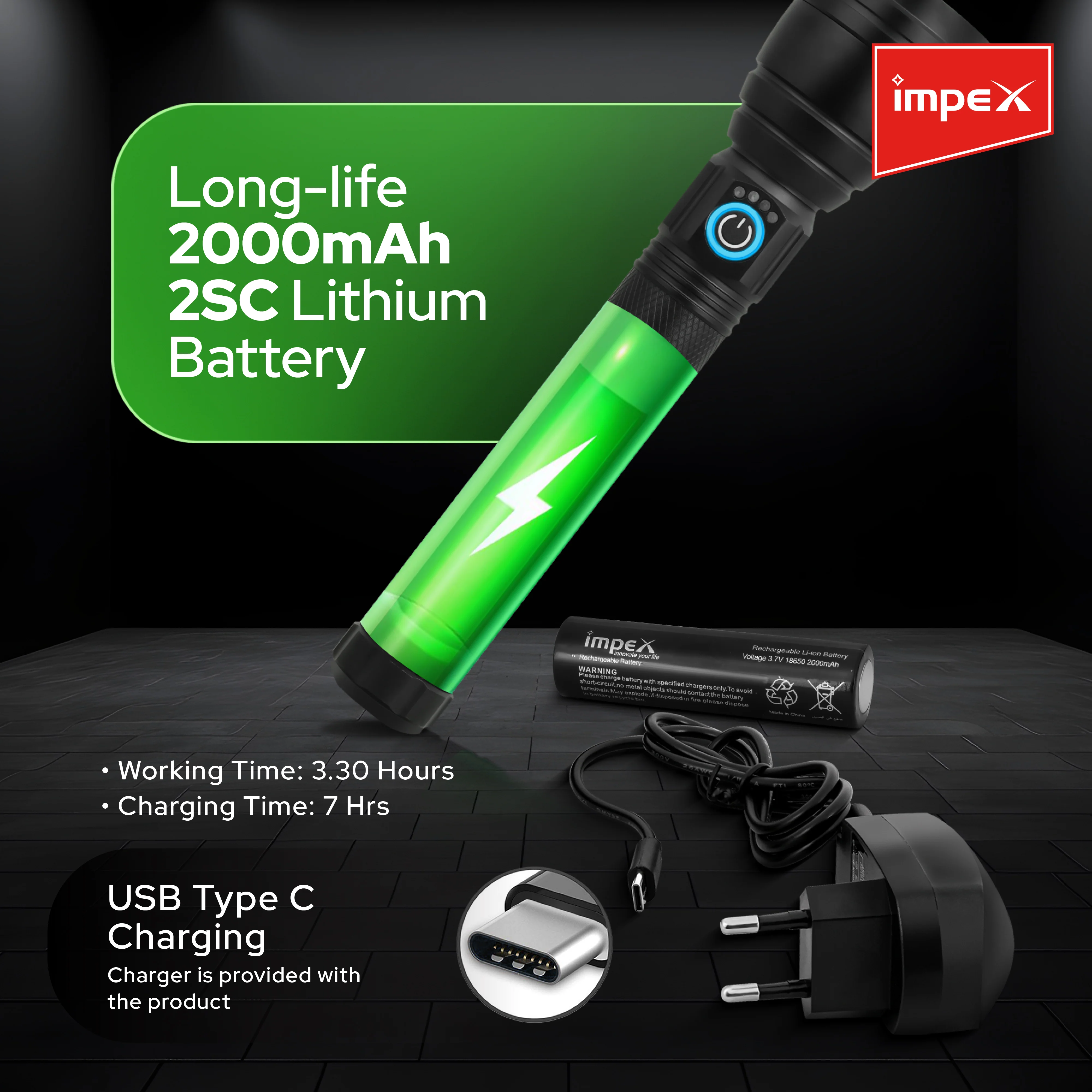 Impex Lumin X2 Rechargeable Torch | Aircraft Aluminum, 220 Lumens, 2000mAh Li-ion Battery, Type-C Charging, 3 Modes - Image 3