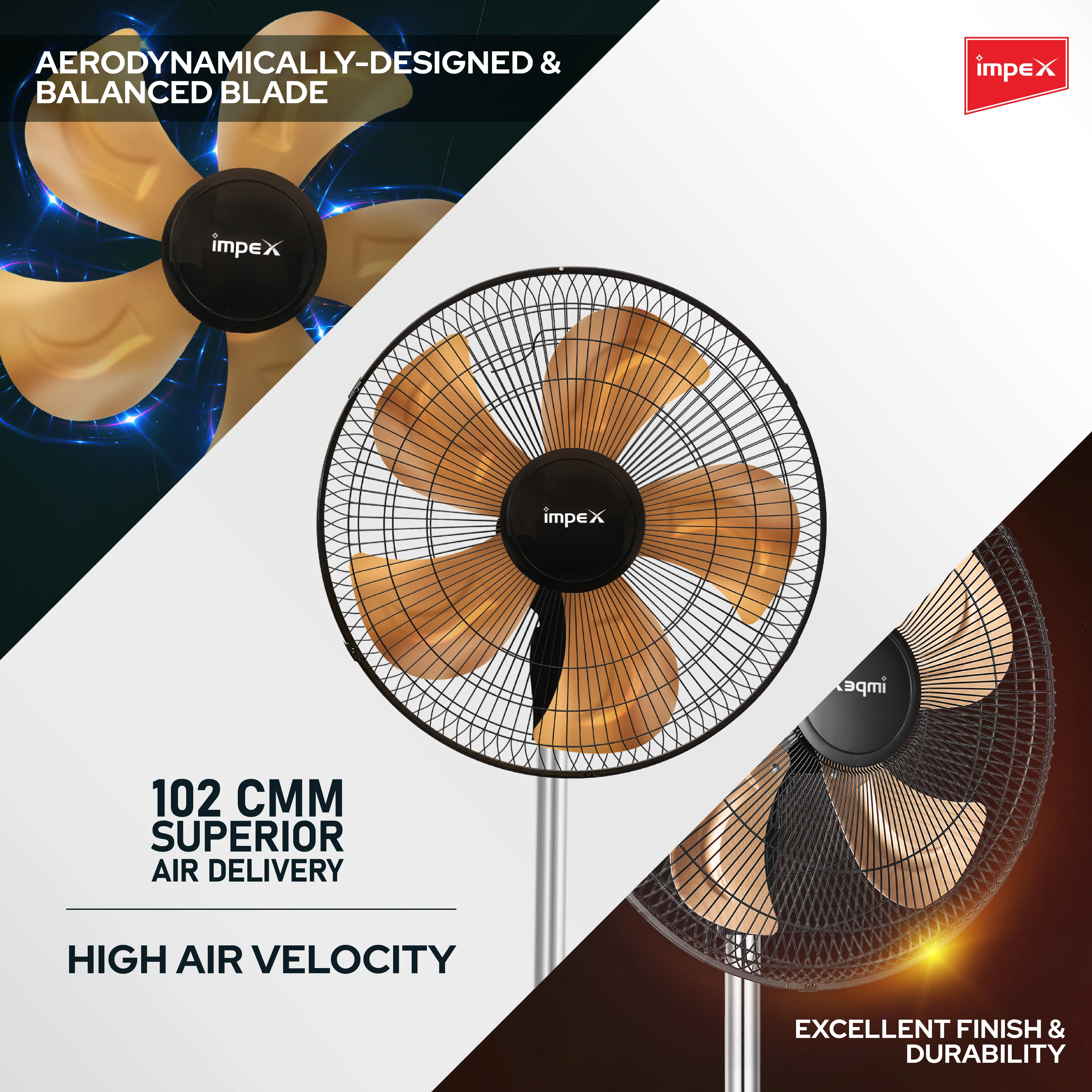 Impex Metadio 18 PF Gold 450 mm Metal Pedestal Fan with Telescopic Height Adjustment, Aluminium Blades, and 2-Year Warranty - Image 4