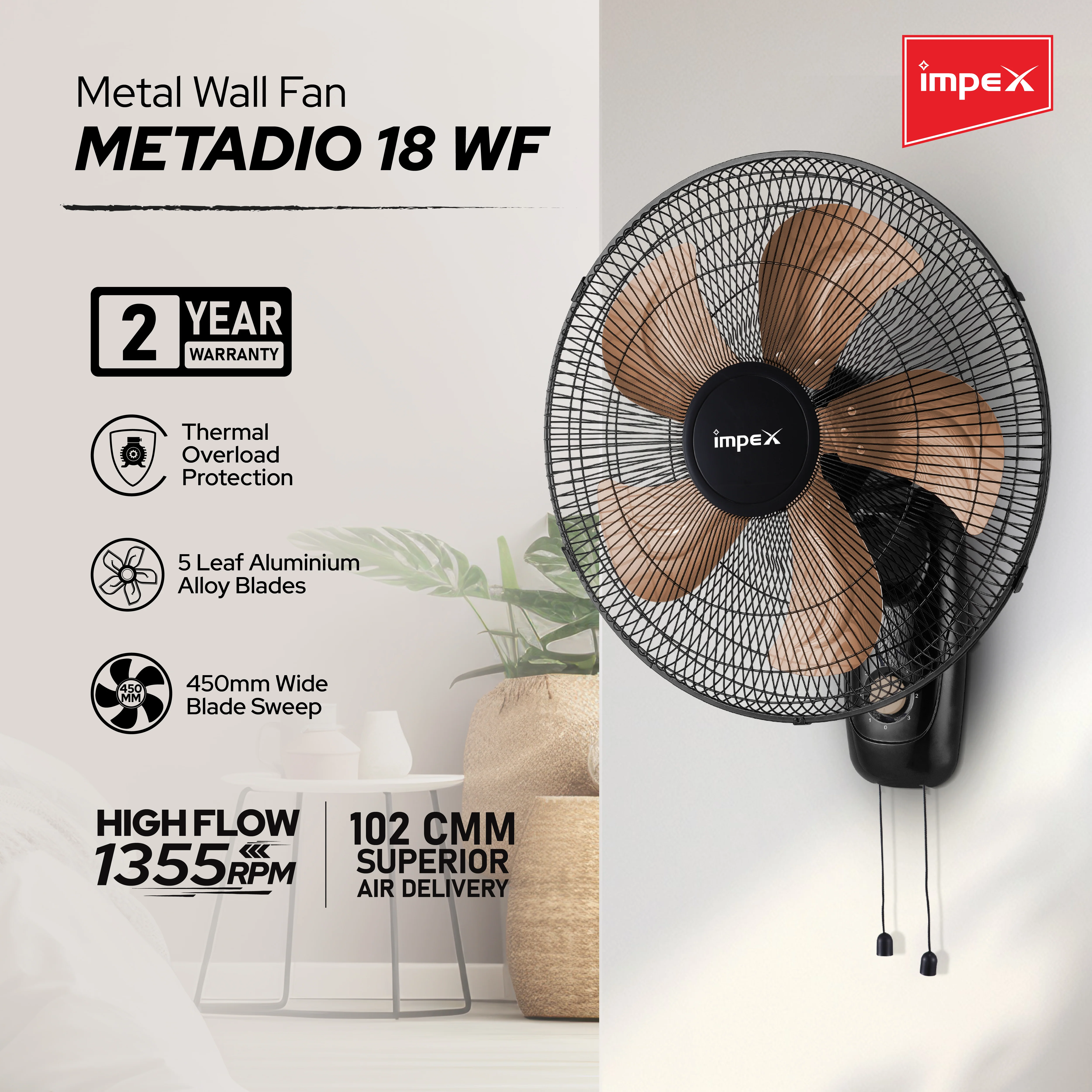IMPEX Metadio 18 WF Black Gold Metal Wall Fan | High Speed Wall Mounted Fan | Powerful Air Delivery - Image 3