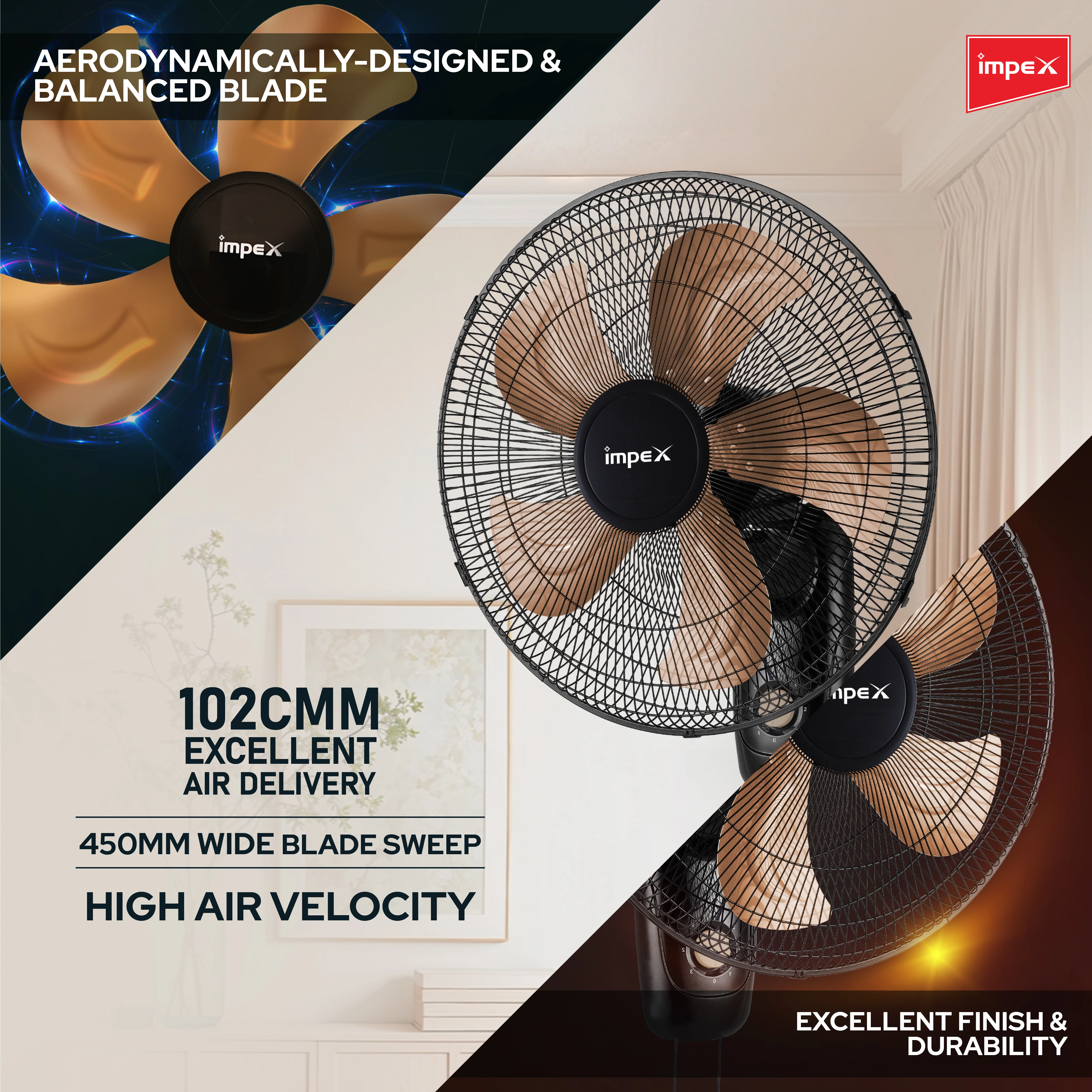 IMPEX Metadio 18 WF Black Gold Metal Wall Fan | High Speed Wall Mounted Fan | Powerful Air Delivery - Image 5