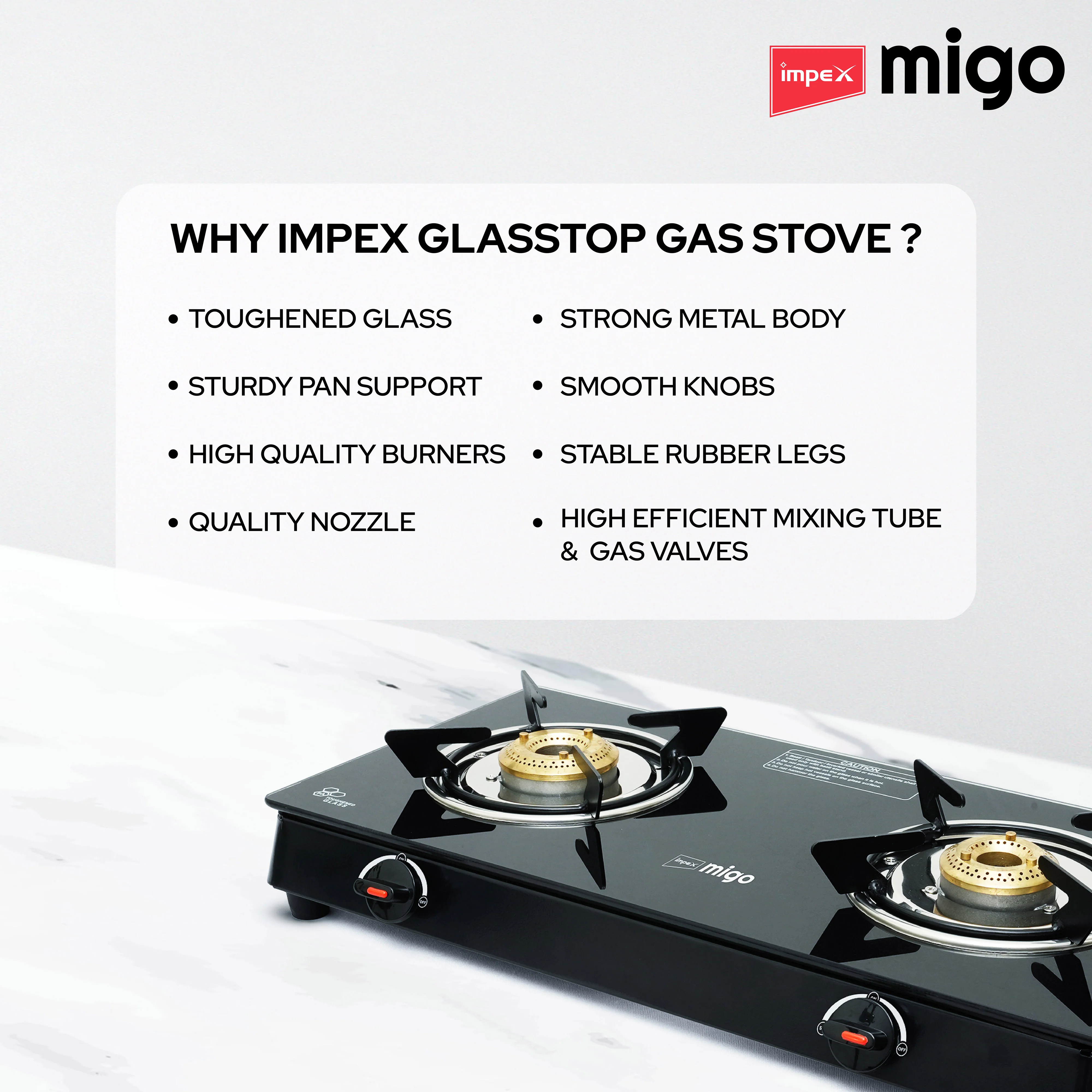 IMPEX Migo 2 Burner Glass top Gas Stove Linea 2B,  6mm Toughened Glass top, 1 Year Warranty - Image 10