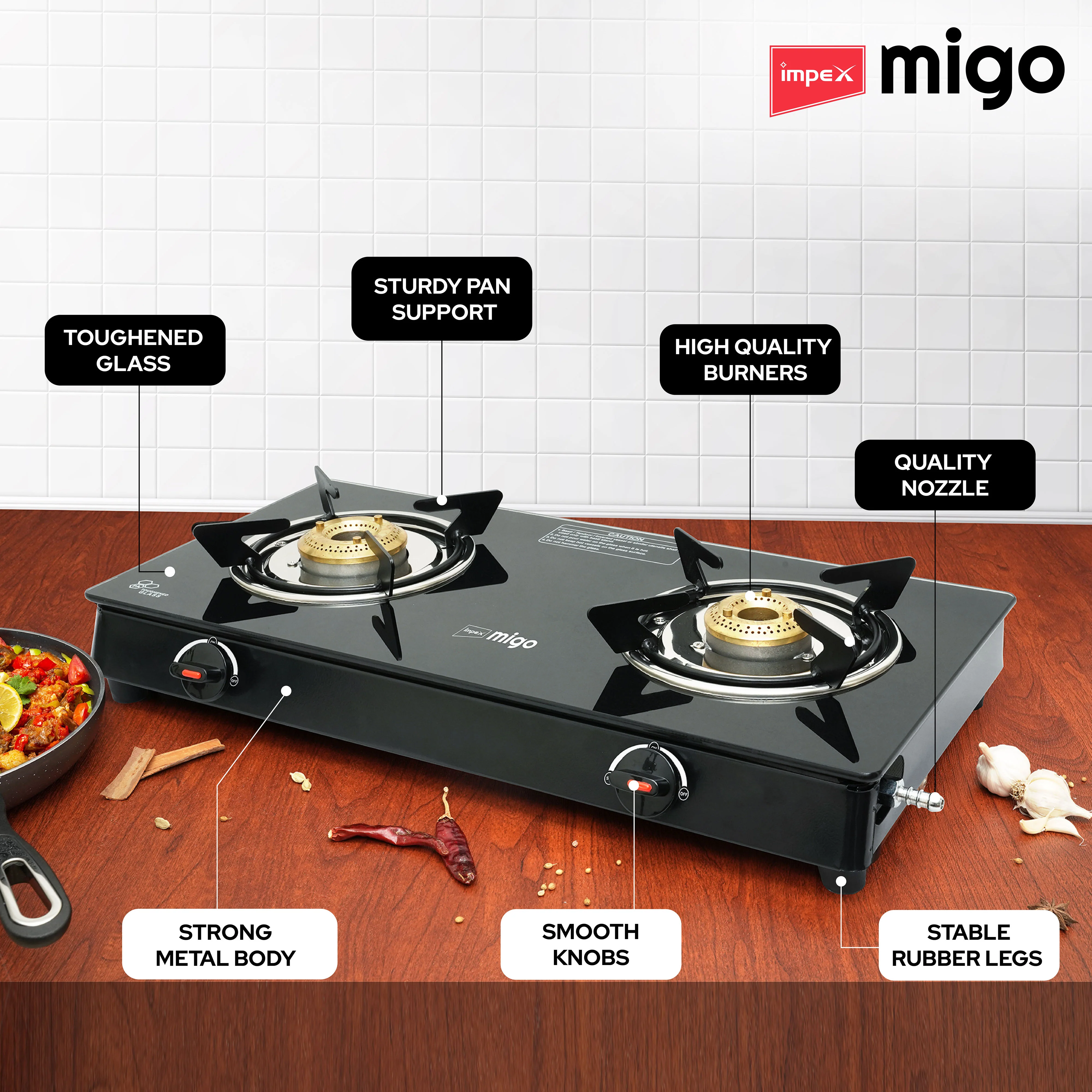 IMPEX Migo 2 Burner Glass top Gas Stove Linea 2B,  6mm Toughened Glass top, 1 Year Warranty - Image 2