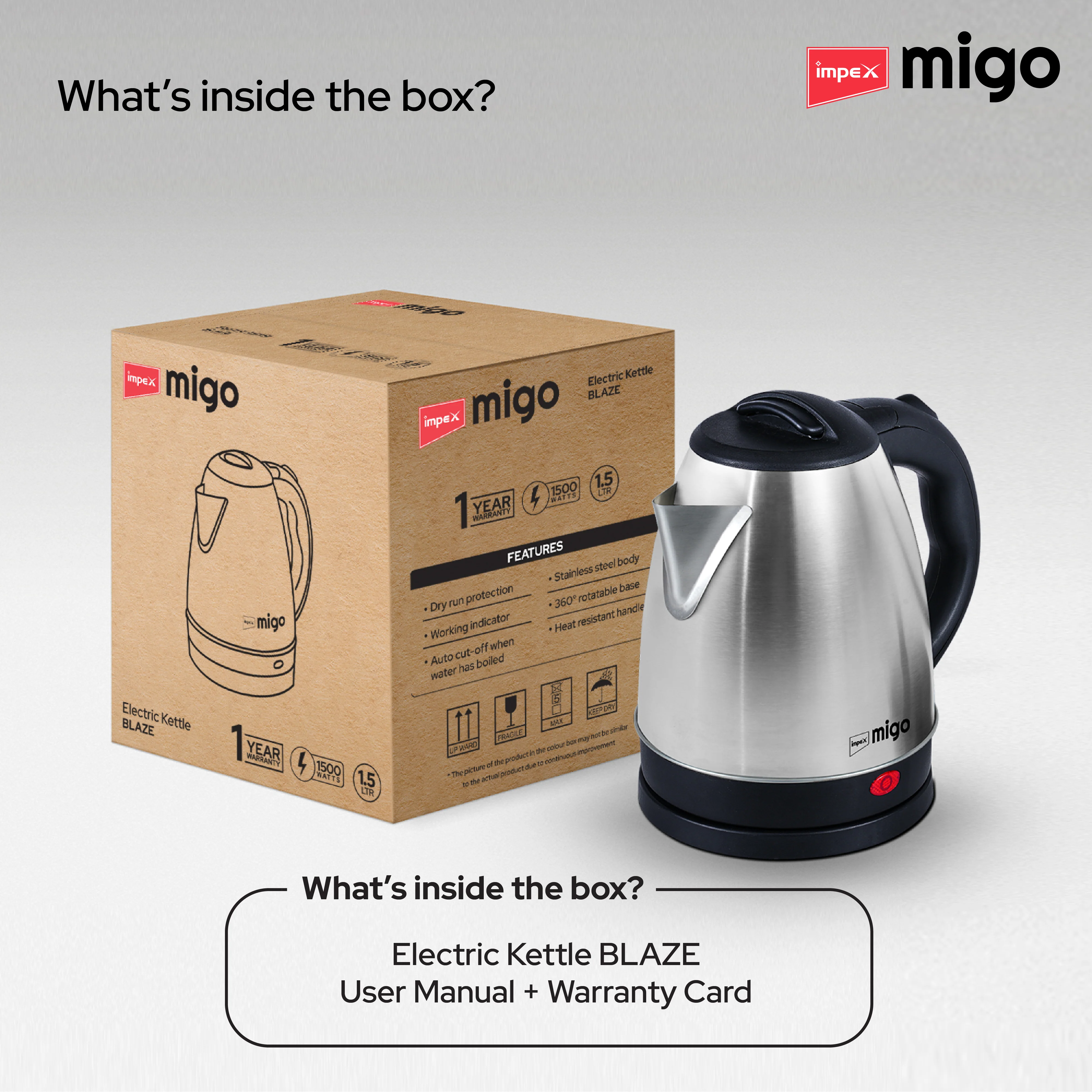 Impex Migo BLAZE Stainless Steel Electric Kettle 1.5 Litre 1500 Watts 1 Year Warranty - Image 10