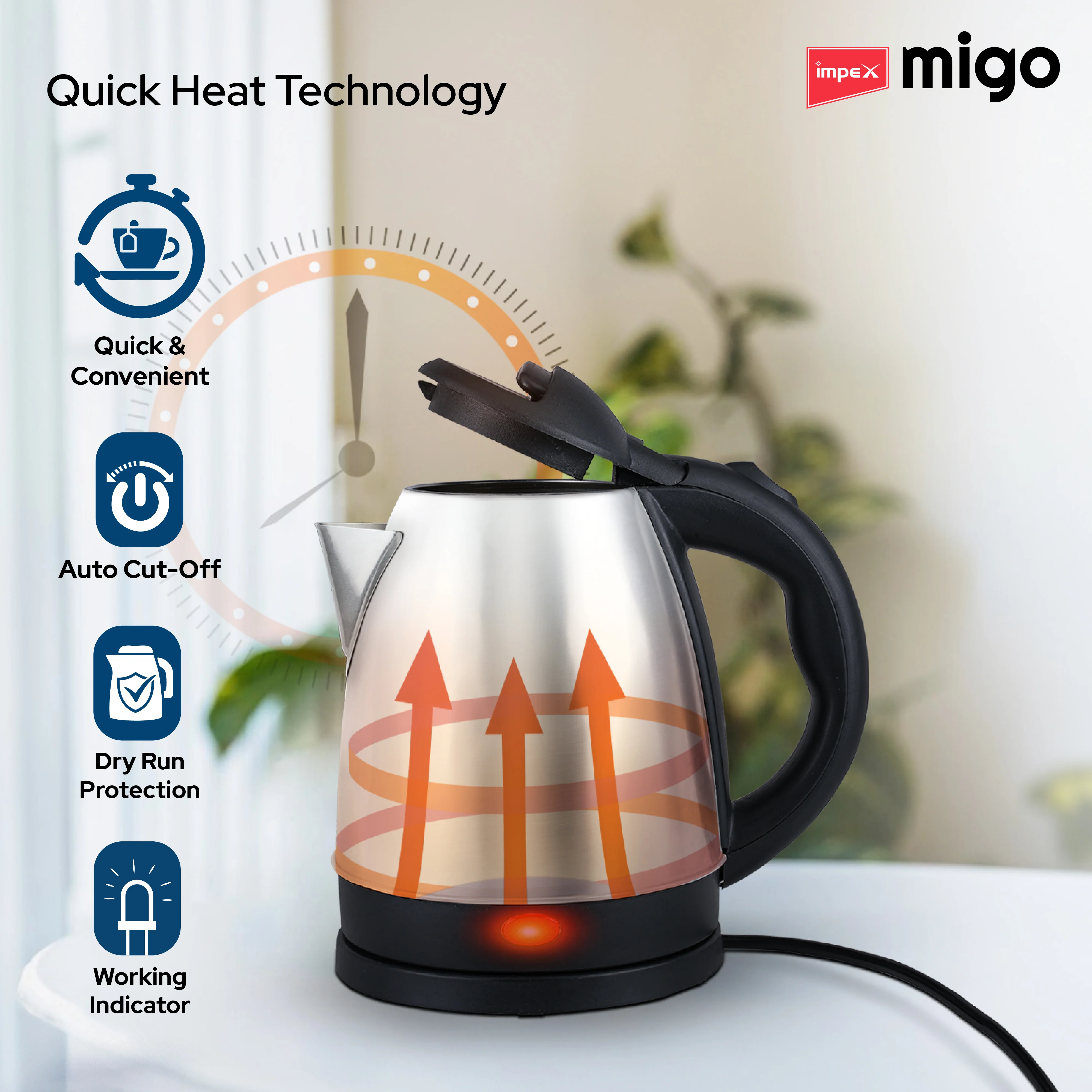 Impex Migo BLAZE Stainless Steel Electric Kettle 1.5 Litre 1500 Watts 1 Year Warranty - Image 5
