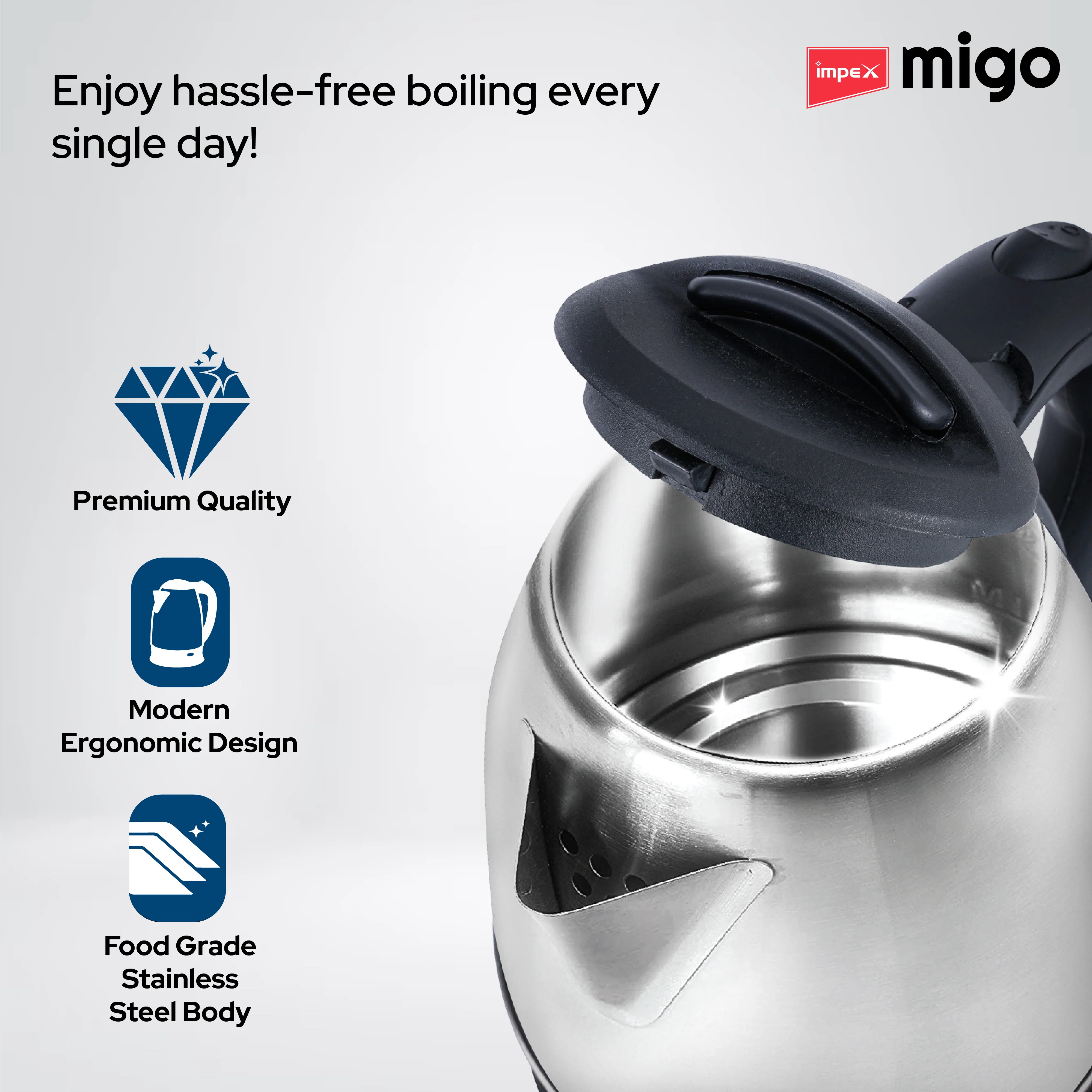 Impex Migo Inferno Stainless Steel Electric Kettle 1.8 Litre 1500 Watts 1 Year Warranty - Image 3