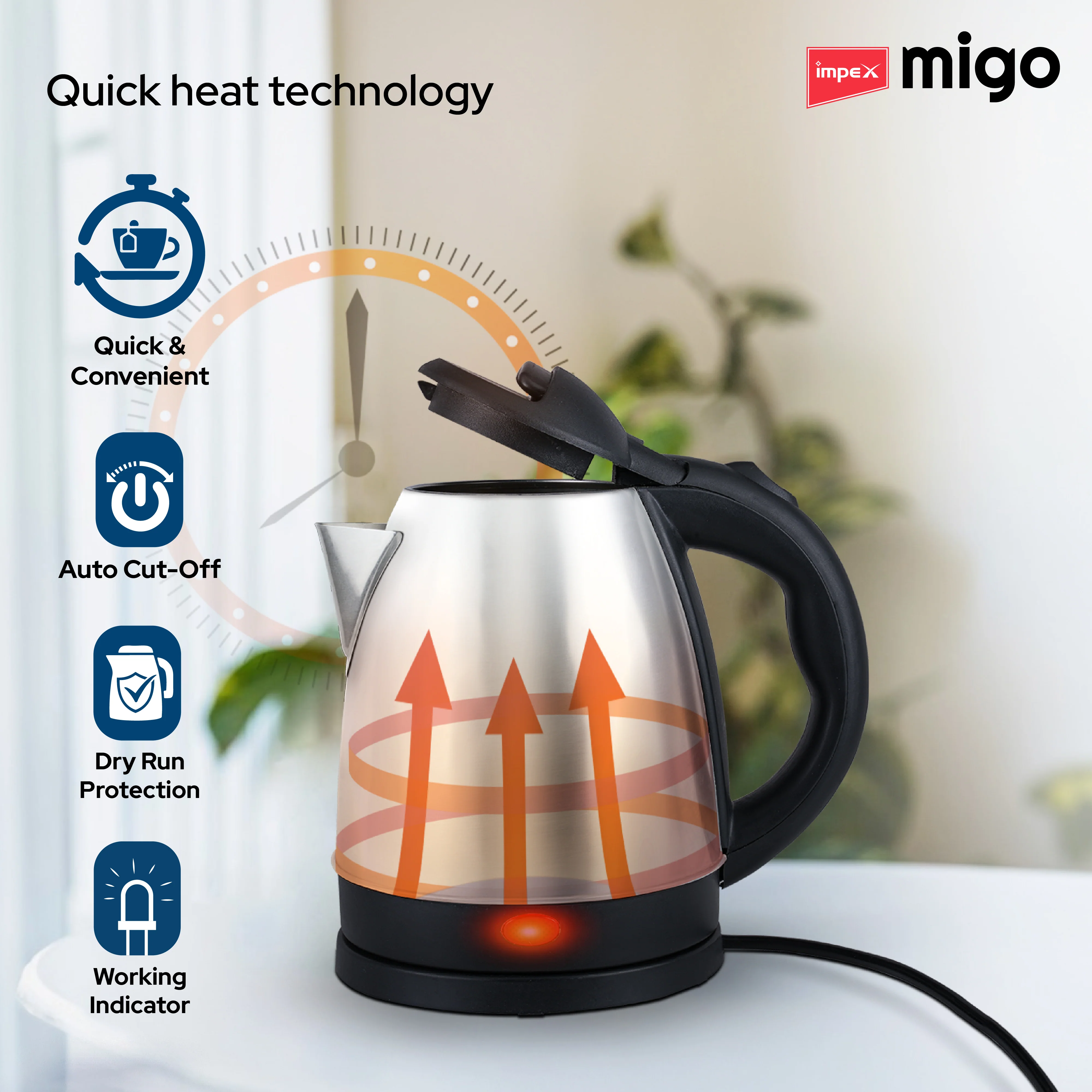 Impex Migo Inferno Stainless Steel Electric Kettle 1.8 Litre 1500 Watts 1 Year Warranty - Image 4