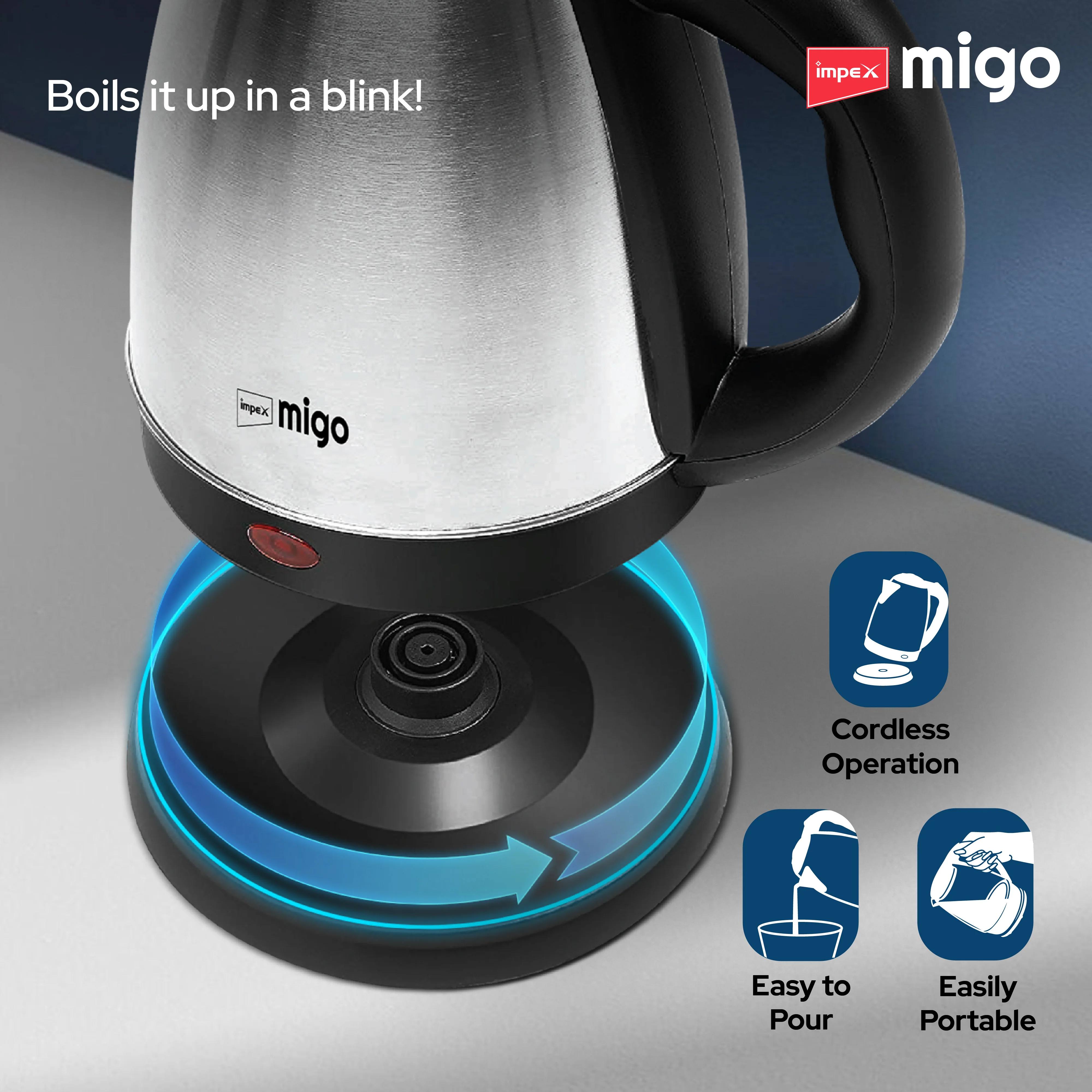 Impex Migo Inferno Stainless Steel Electric Kettle 1.8 Litre 1500 Watts 1 Year Warranty - Image 7