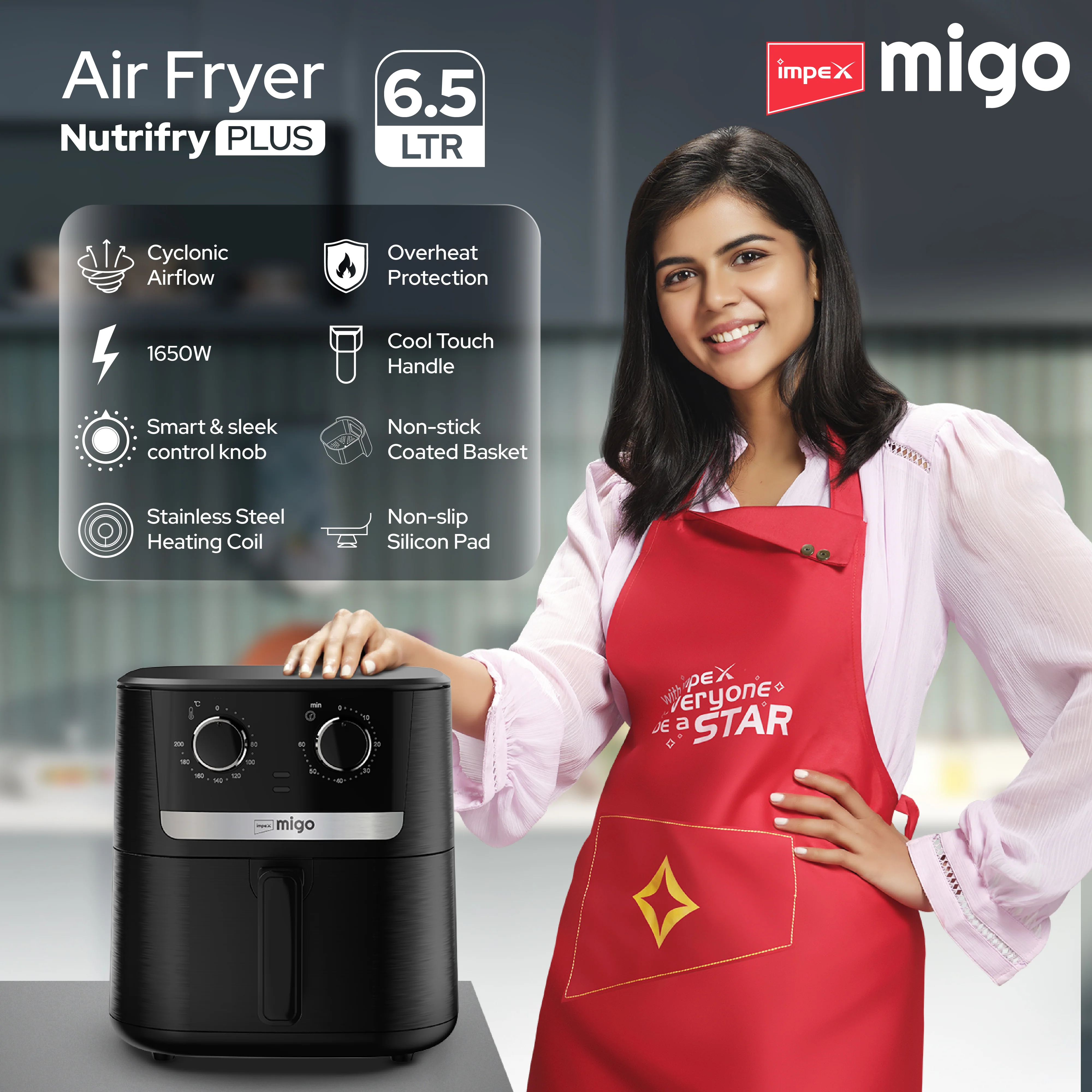 MIGO NUTRIFRY PLUS 6.5 Litre Air Fryer with 1650W Power, Black and Chrome Finish, and 2-Year Warranty - Image 3