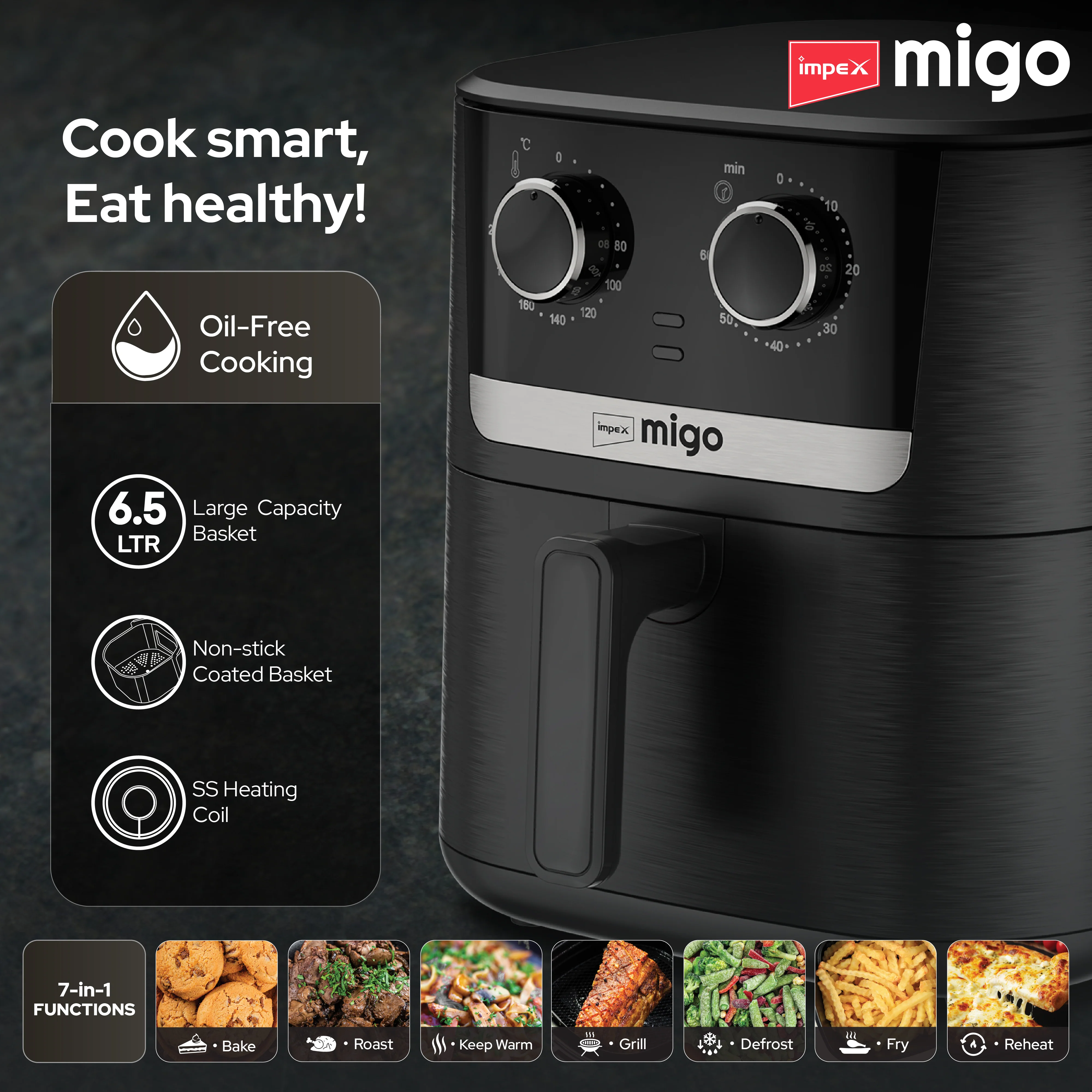 MIGO NUTRIFRY PLUS 6.5 Litre Air Fryer with 1650W Power, Black and Chrome Finish, and 2-Year Warranty - Image 4