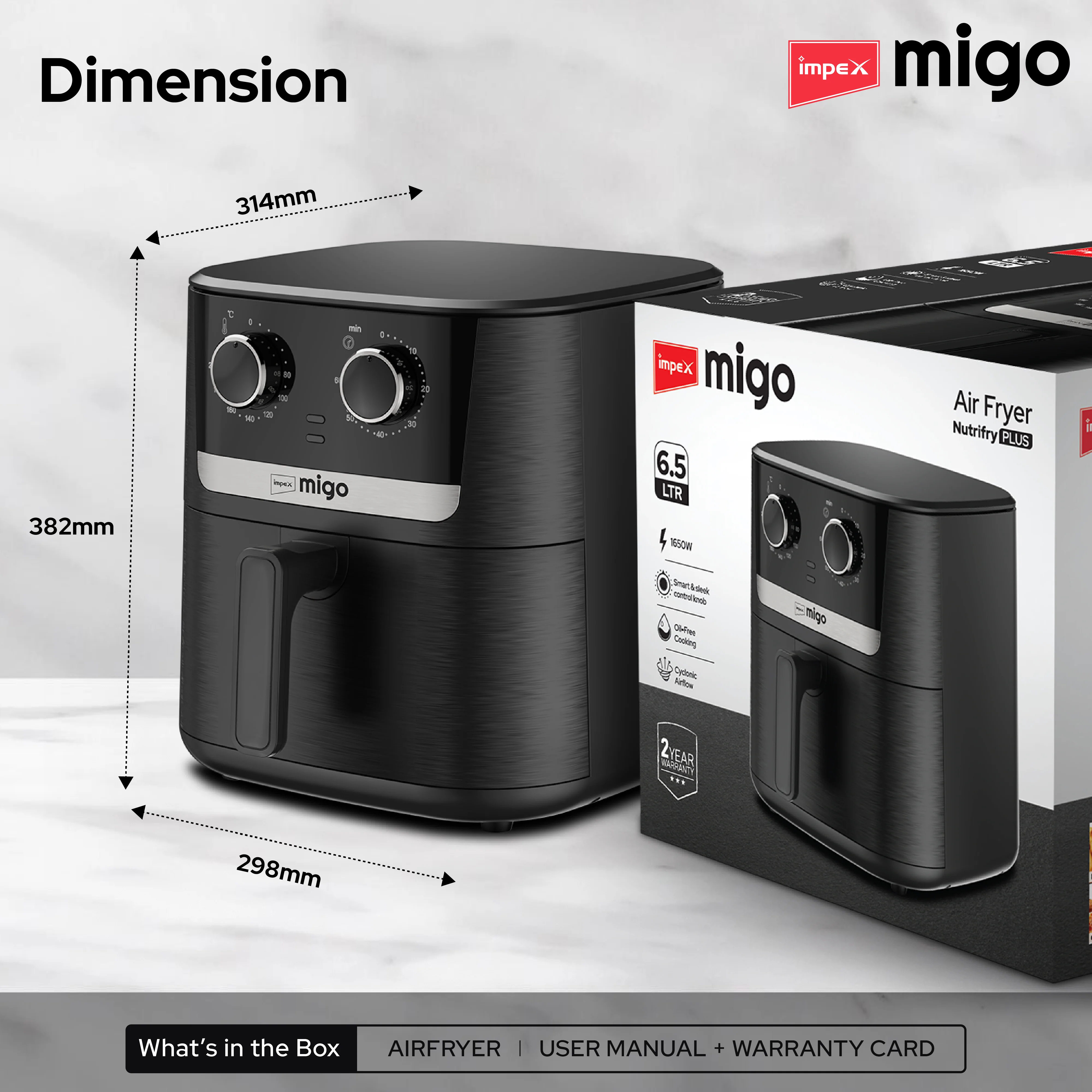MIGO NUTRIFRY PLUS 6.5 Litre Air Fryer with 1650W Power, Black and Chrome Finish, and 2-Year Warranty - Image 9