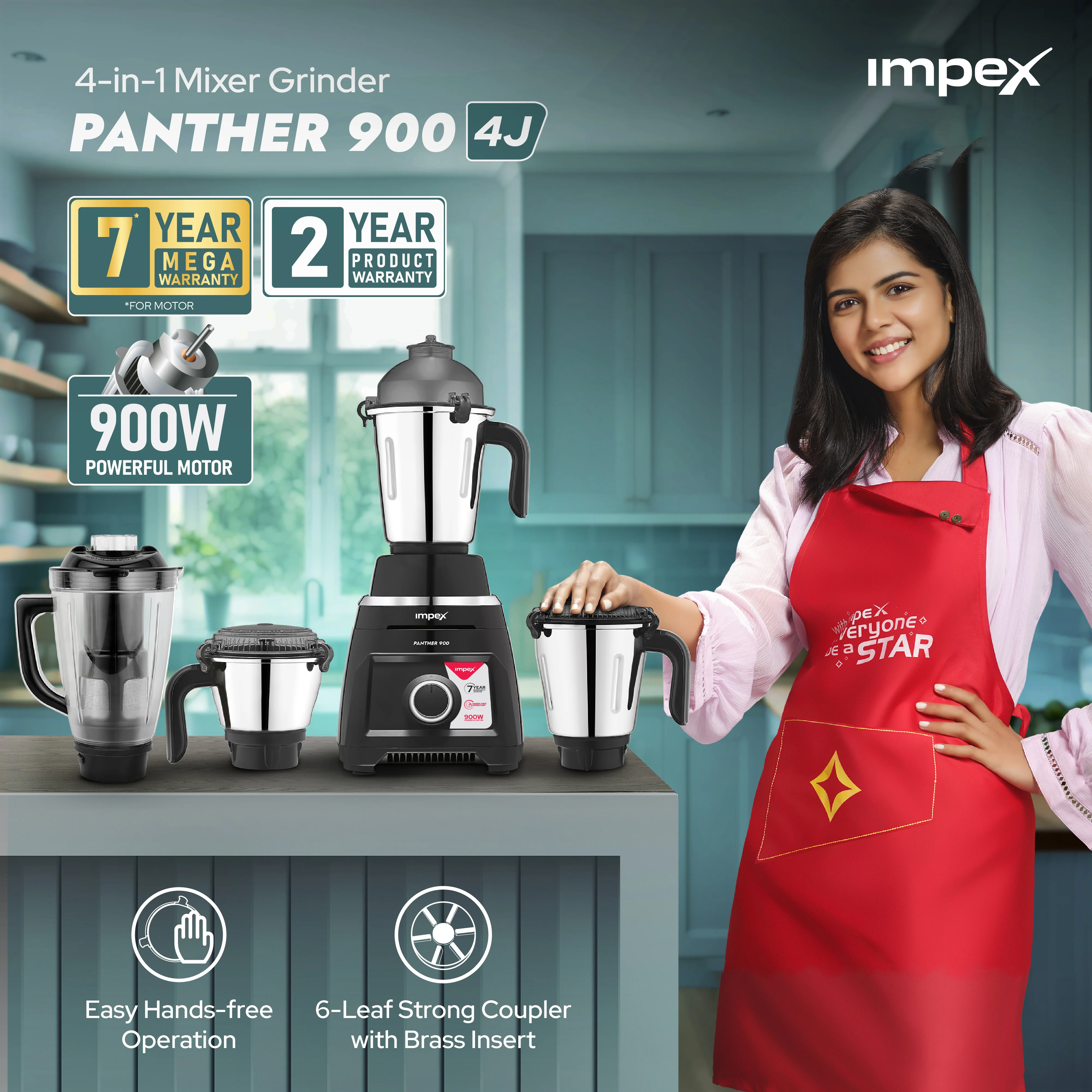 Panther 900 4J Mixer Grinder Black | 900W Motor| 1.5L Juicer Jar|7-Year Motor Warranty - Image 5