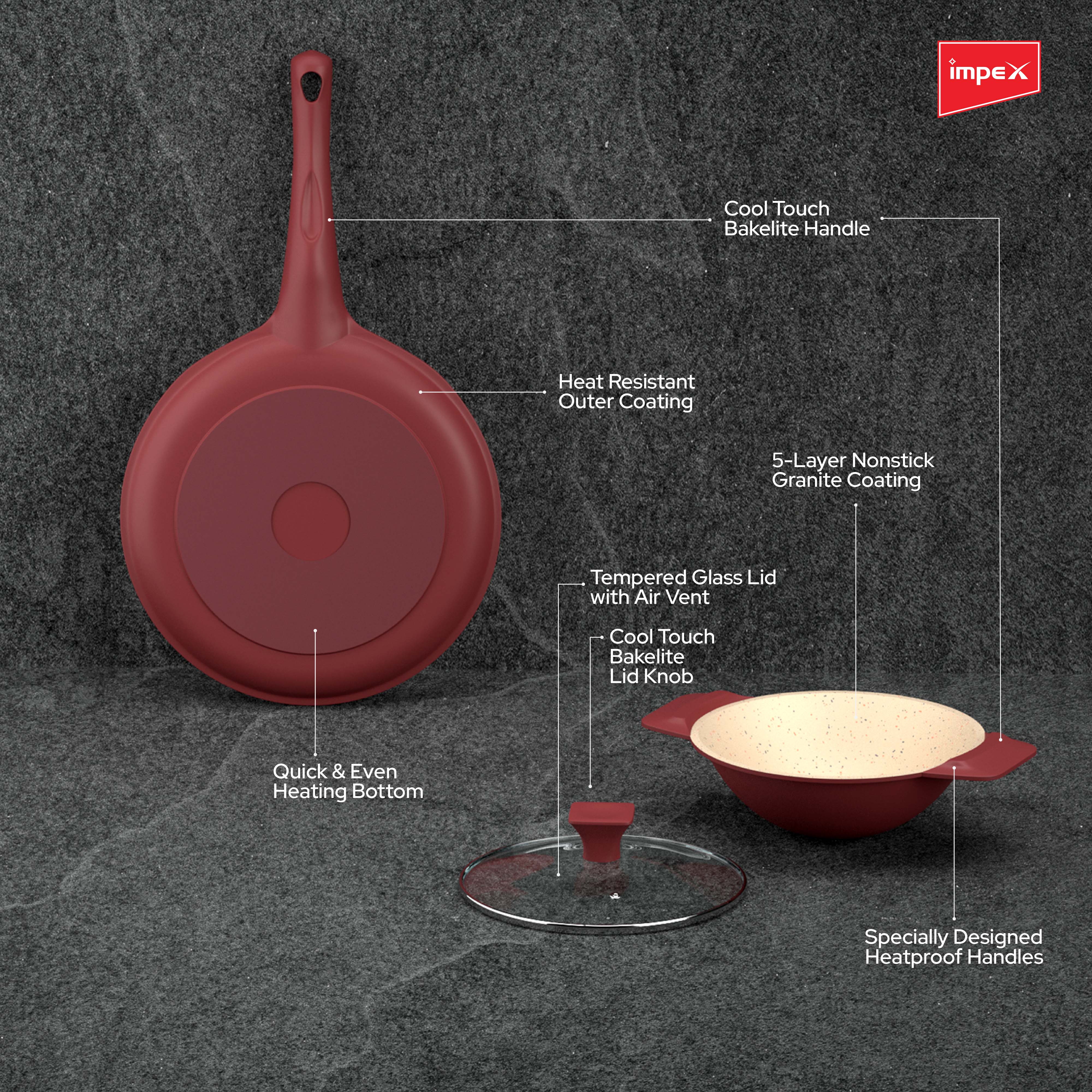 Impex RUBY 3Pcs Diecast Non-Stick Cookware Set with High-Grade Granite Coating and 1-Year Warranty - Image 5