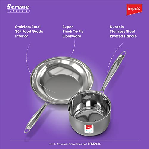 Impex Serene Triply 2 Pcs Cookware Set ( Frypan 24cm and Milkpan 16cm) | 304 Grade Stainless Steel | No PFOA Coating | lnduction Friendly Cookware, Silver - Image 4